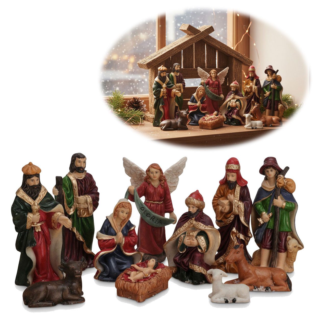 LS-LebenStil Krippenfigur 11-teiliges Set Krippenensemble bis 10cm Klassische Weihnachtsfiguren (für Weihnachtskrippen inkl. Tiere für Krippenstall Advent Dekoration, 11 St., Weihnachten Krippe Maria Josef Jesus inkl. Tiere 11-teilig), Deko traditionell Handbemalt Krippentiere Weihnachtsfiguren