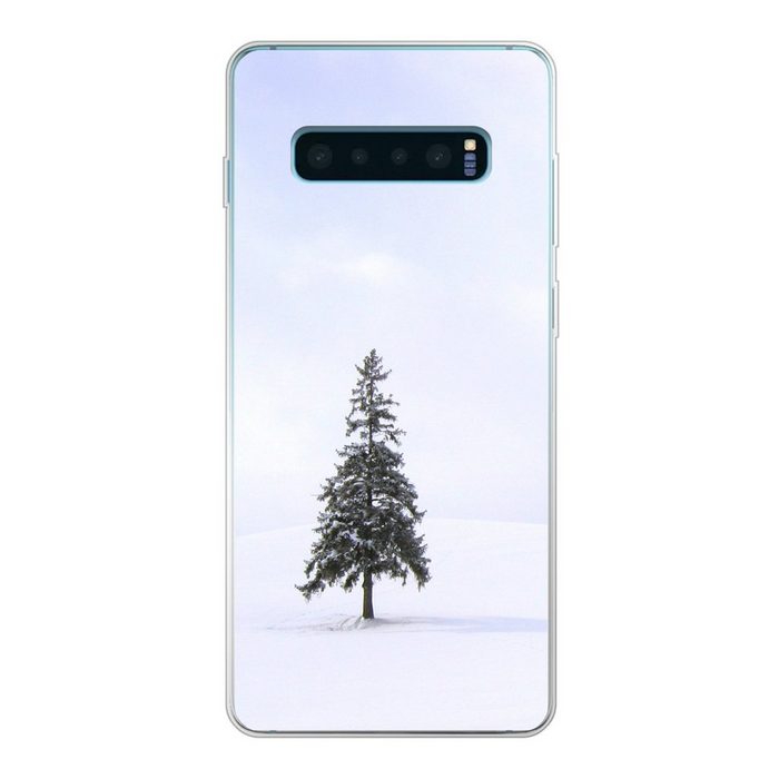 MuchoWow Handyhülle Eine verschneite Lücke mit einer Kiefer Phone Case Handyhülle Samsung Galaxy S10 Lite Silikon Schutzhülle