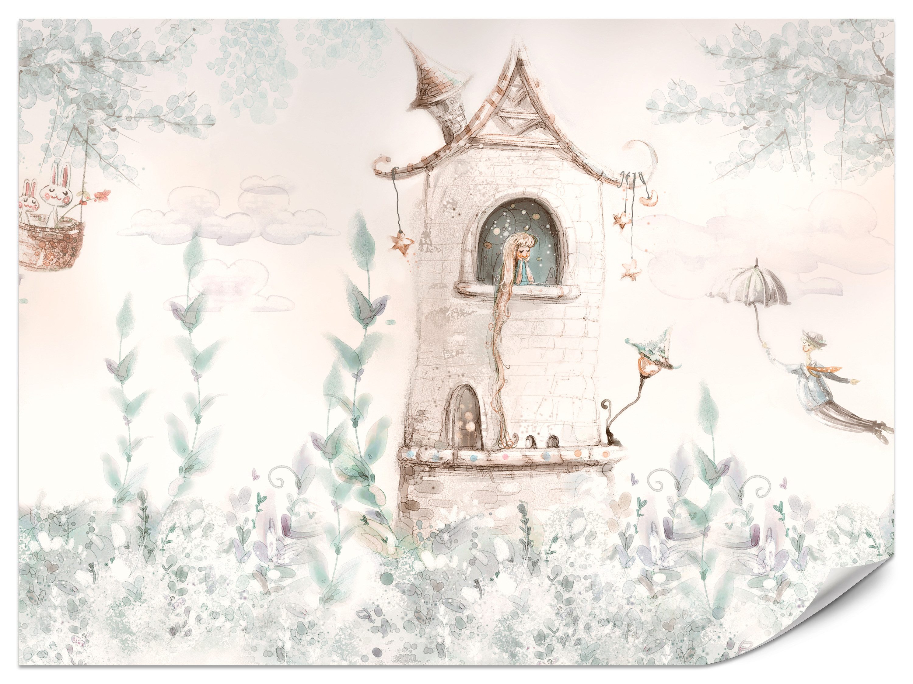 Muralo Fototapete Vliestapete - Ins Schlafzimmer - Märchenturm, Prinzessin, Pflanzen, Glatt, Grafisch, (Packung, 1 St., 100x70 cm), Kleber im Set, 3D-Optik, Kinderzimmer, Babyzimmer, Mädchenzimmer