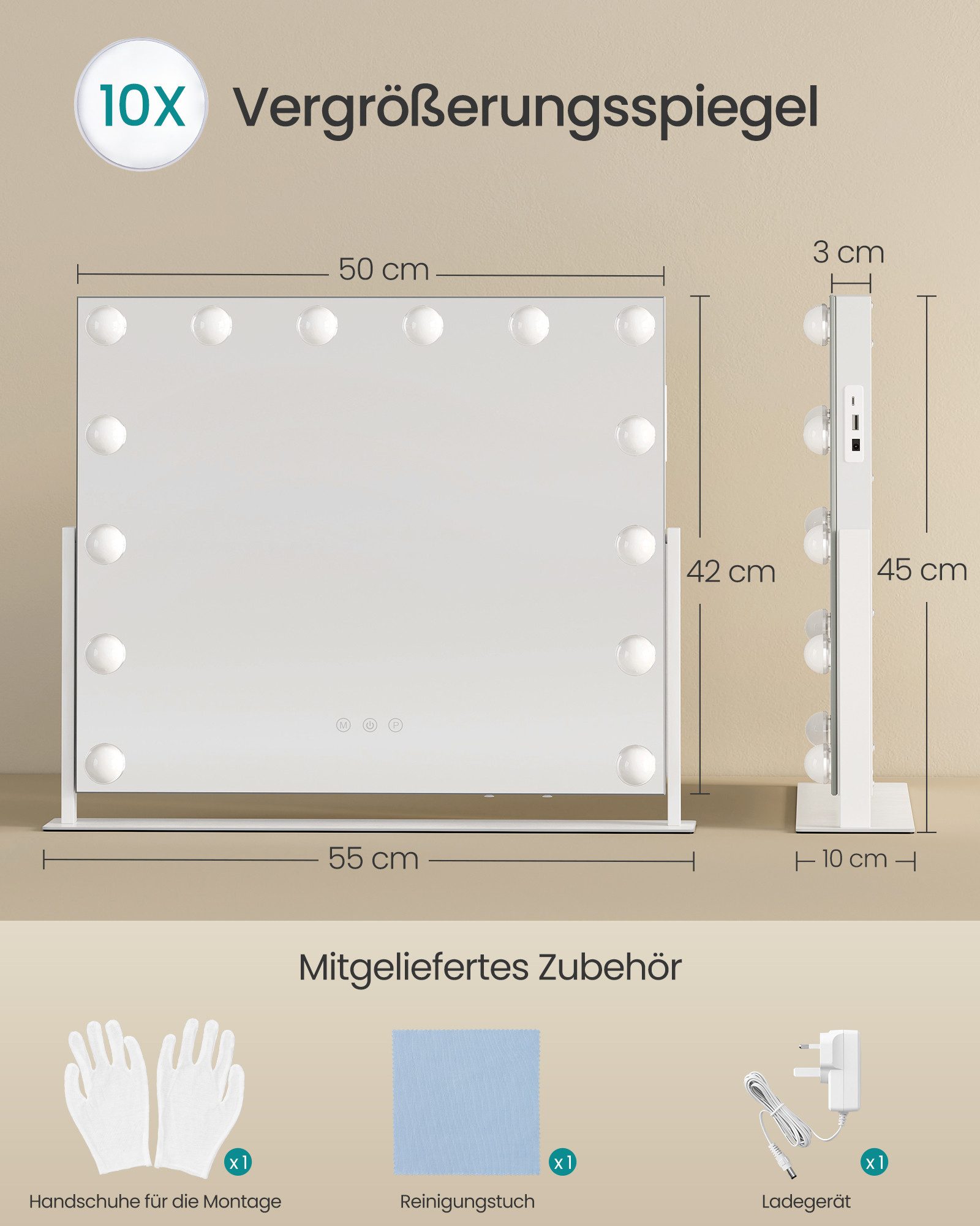 SONGMICS Schminkspiegel mit Beleuchtung, Kosmetikspiegel Touch-Steuerung, dimmbar, Handyhalter, mit 14 LED-Glühbirnen, mit USB-A und USB-C, 50 x 42 cm – Bild 5 von 5