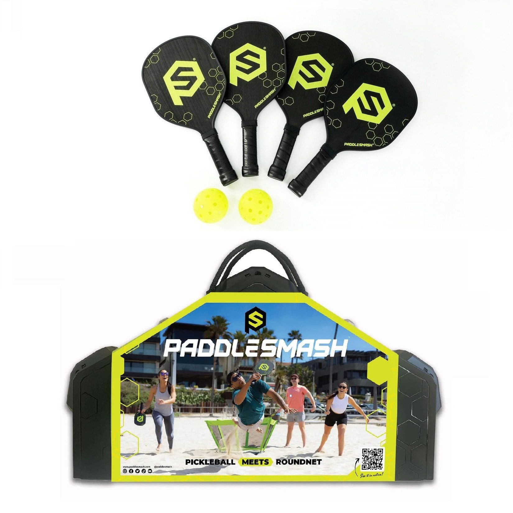 PaddleSmash Roundnet-Spiel kombiniert mit Pickleball, Outdoor-Ballspiel mit Schläger, (7-tlg., 2-4 Spieler / 4x Schläger, 2x Bälle), schneller Aufbau, praktischer Tragekoffer