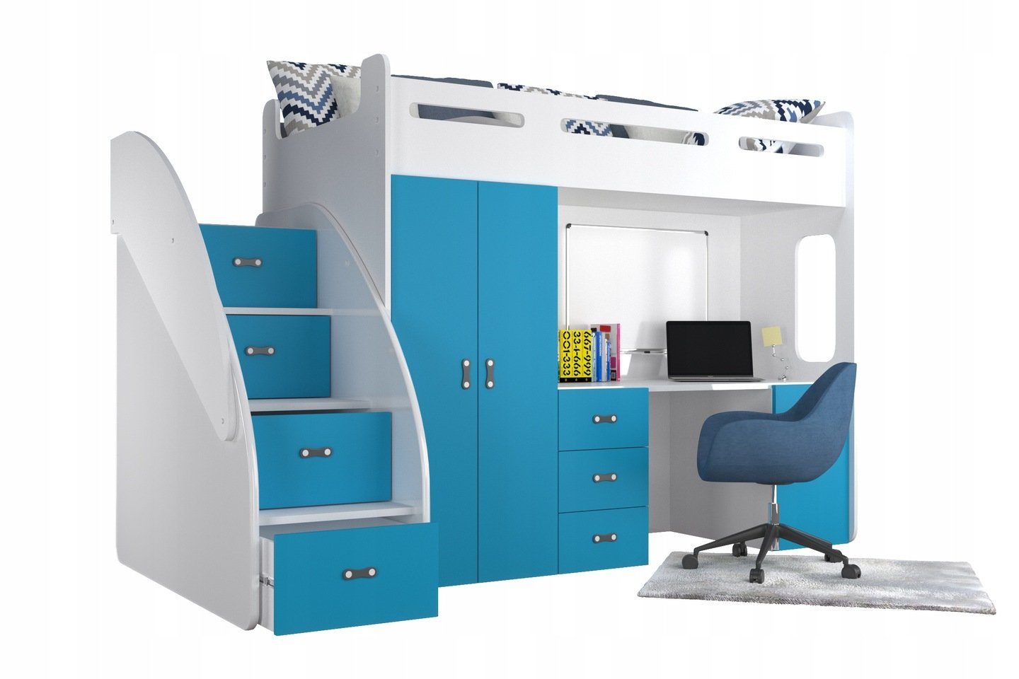 Unique Home Hochbett Hochbett ZU mit Kleiderschrank Farbe Weiß/Blau Schreibtisch, PL wählbar Matratze
