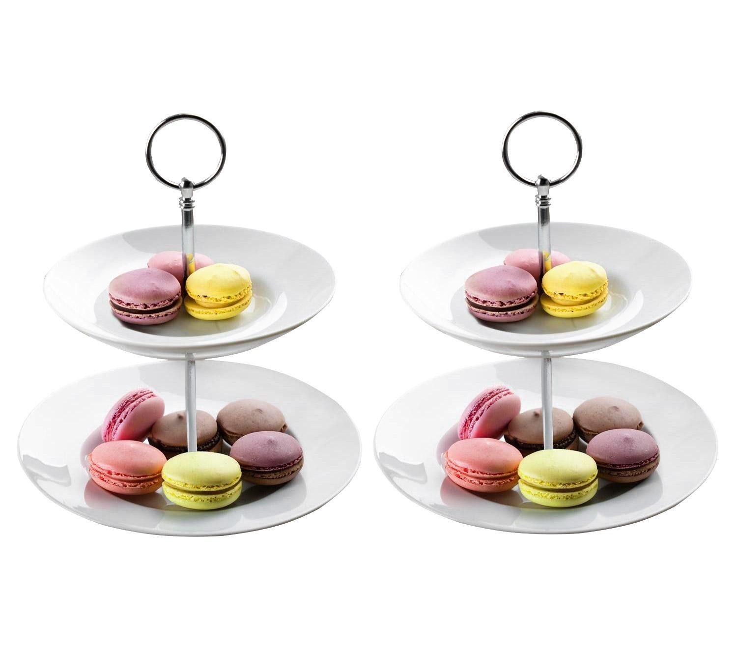 Home4You Etagere, Ø 21 x H 23 cm, Weiß, 2-stöckig, Metallgriff, Porzellan, für Desserts, Obst, Kuchen, Süßigkeiten