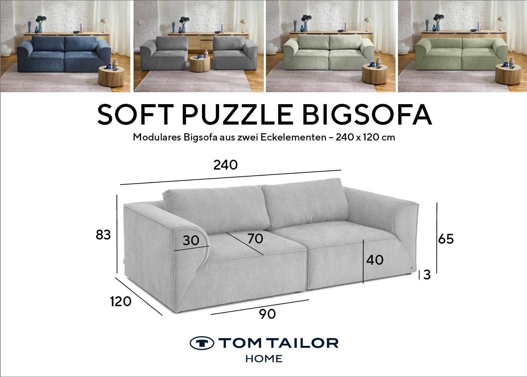 TOM TAILOR HOME Big-Sofa SOFT PUZZLE aus der flexiblen Elementserie, – entspannte Sitztiefe und weicher Sitzkomfort