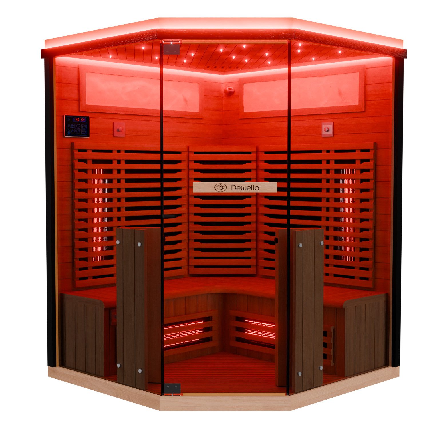 Dewello Sauna KENORA 140 Wärmekabine, 2-3 Personen, 7 Vollspektrumstrahler, BxTxH: 140 x 141 x 190 cm, (aus Hemlock-Tannenholz, leichter Aufbau dank Stecksystem, inkl. Ionisator mit Ozondesinfektion und Aromatherapie, Bluetooth & FM) klappbare Frontstrahler