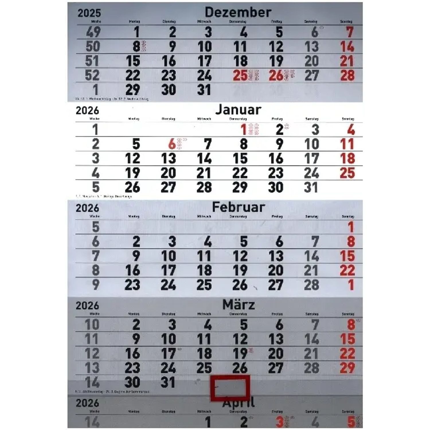 Baier & Schneider Monatskalender 5-Monatskalender '26 ; grau, 300×630 mm