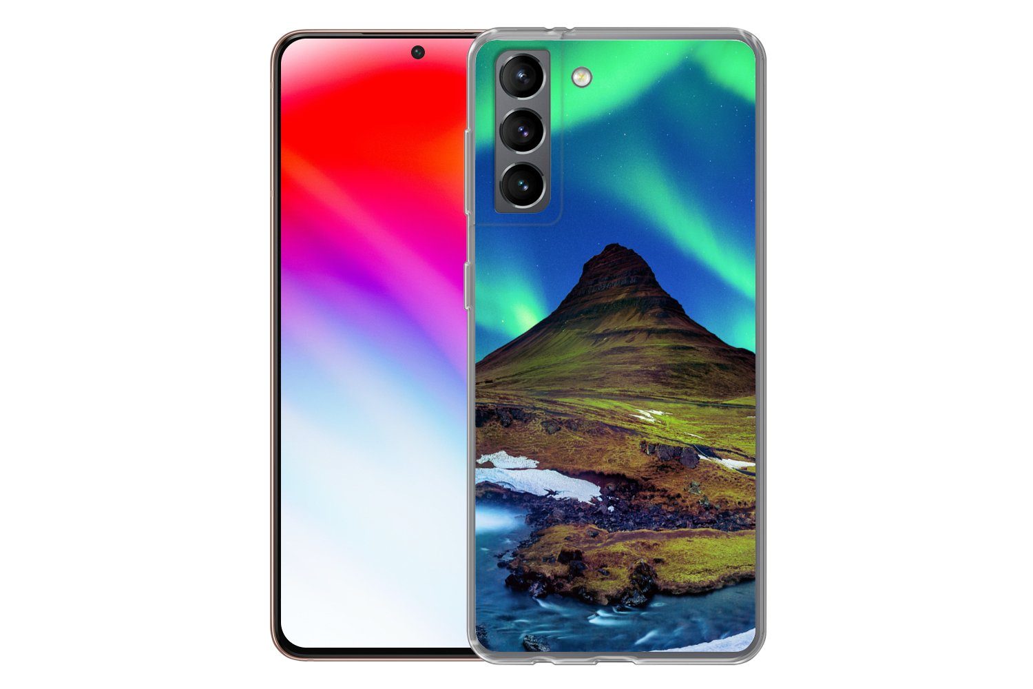 MuchoWow Handyhülle für Samsung Galaxy S21 Nordlicht - Sternenhimmel - Island - Berg - Grü, Phone Case, Silikon, Schutzhülle Dünn