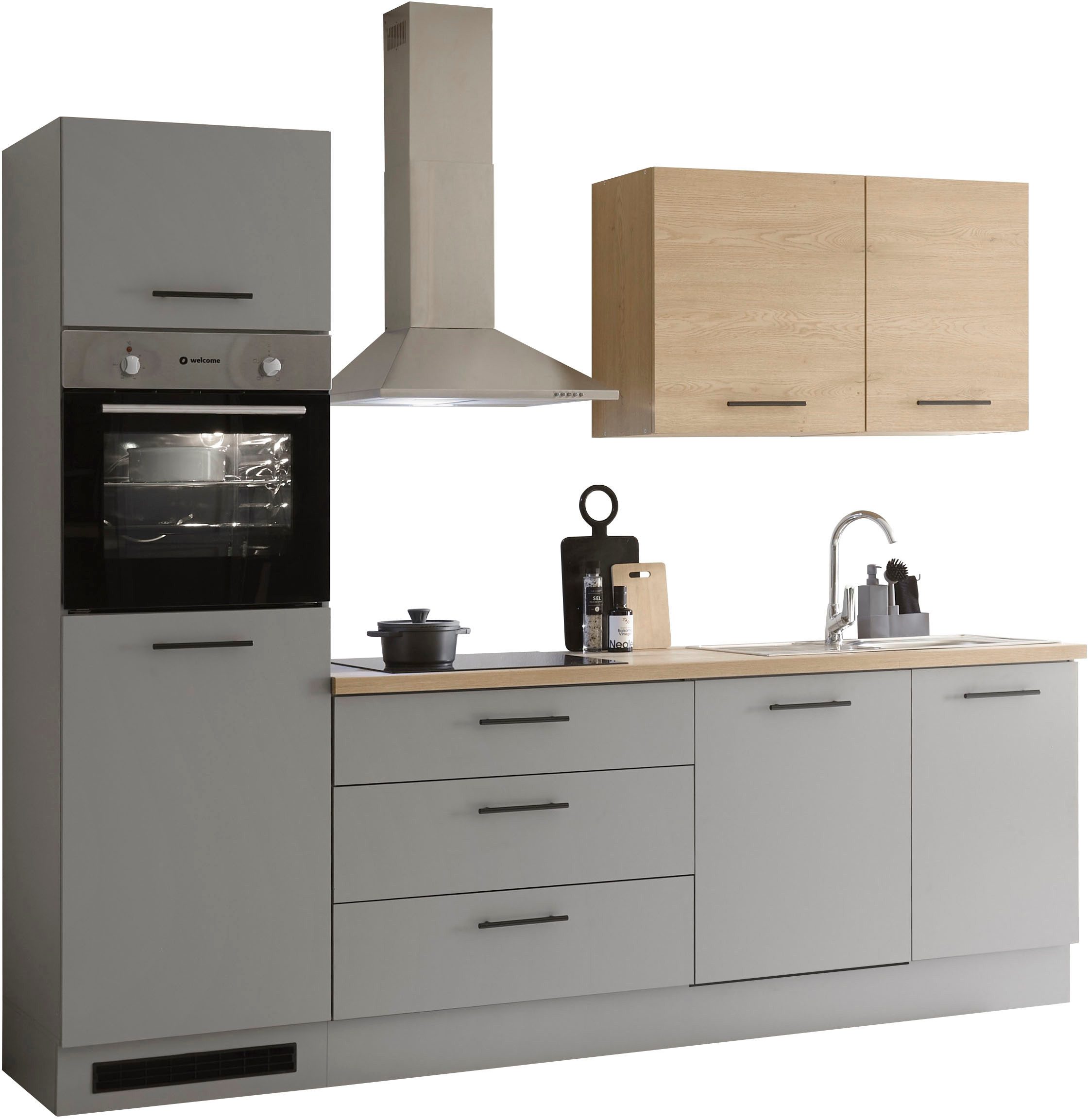 KOCHSTATION Küchenzeile KS-Malfi, Breite 260cm, wahlweise mit E-Geräten, Arbeitsplatte 38mm Stärke