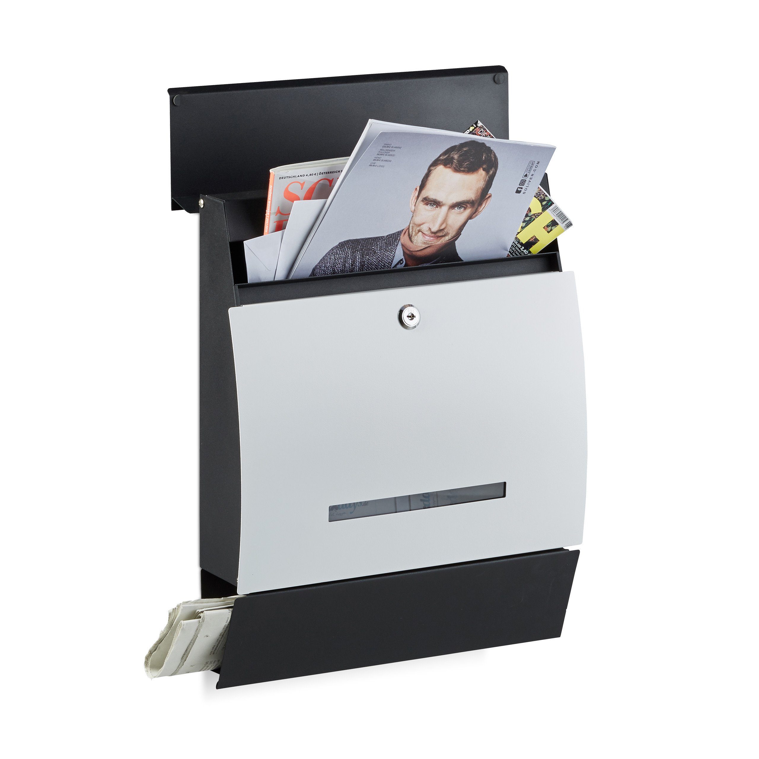 relaxdays Briefkasten Design Briefkasten mit Zeitungsfach, Schwarz-Weiß Schwarz Weiß