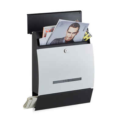 relaxdays Briefkasten Design Briefkasten mit Zeitungsfach, Schwarz-Weiß