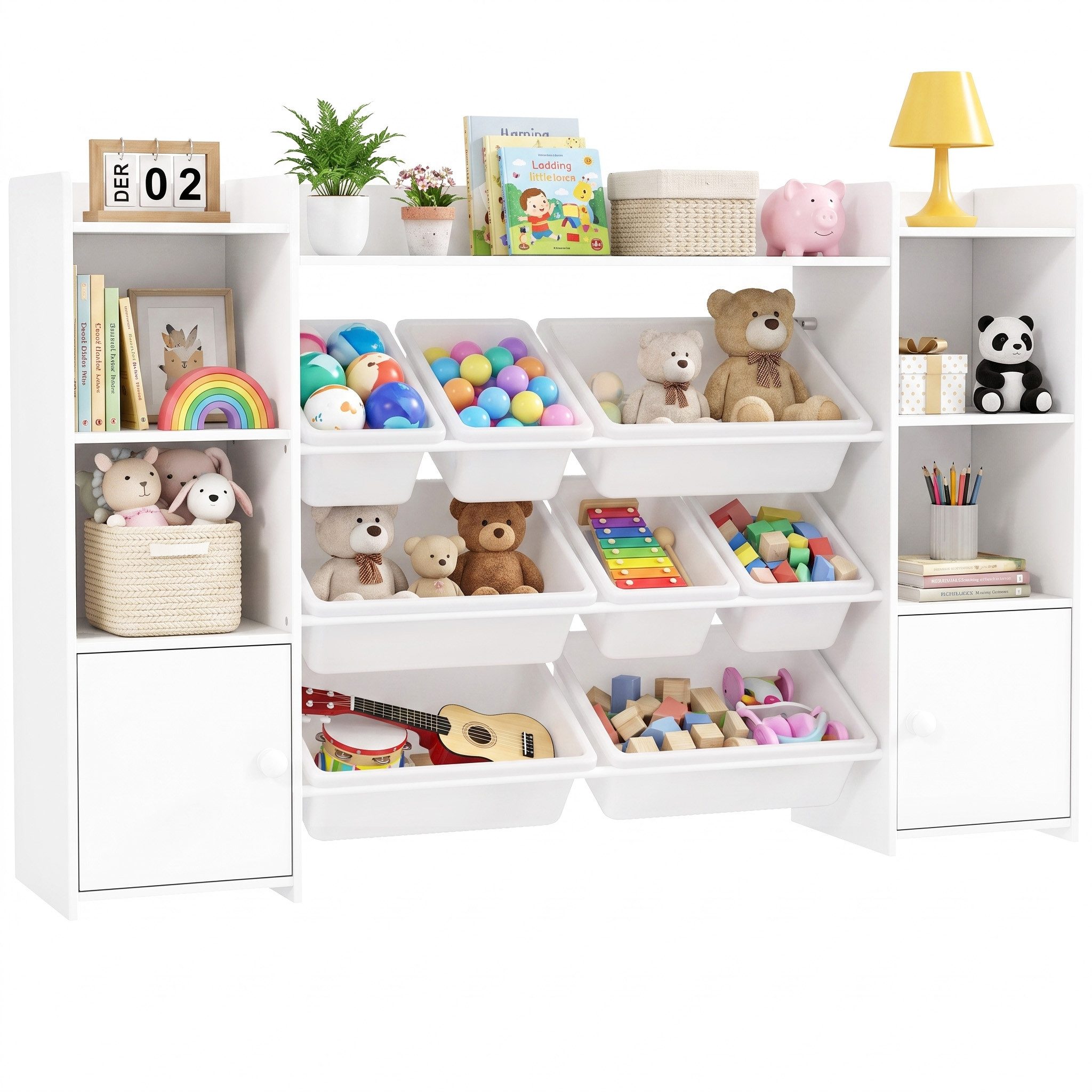 AIYAPLAY Kinderregal Spielzeugregal, Bücherregal, 8 Aufbewahrungsboxen, 4 offene Fächer, Spielzeugkiste 1-tlg., für Kinderzimmer, Kindergarten, Weiß