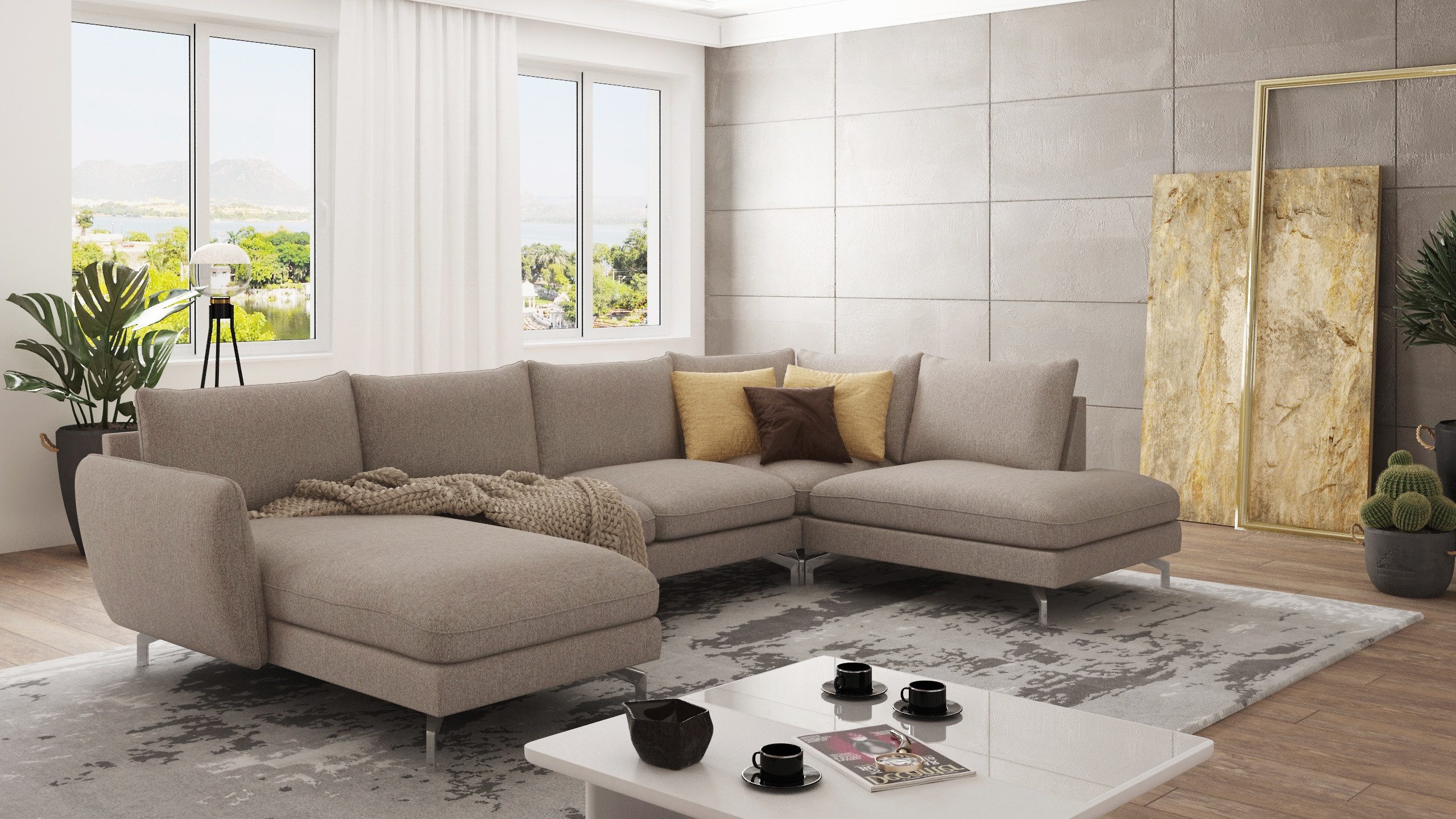 S-Style Möbel Wohnlandschaft Benita mit Silber Metall Füßen, Ottomane links oder rechts bestellbar, mit Wellenfederung