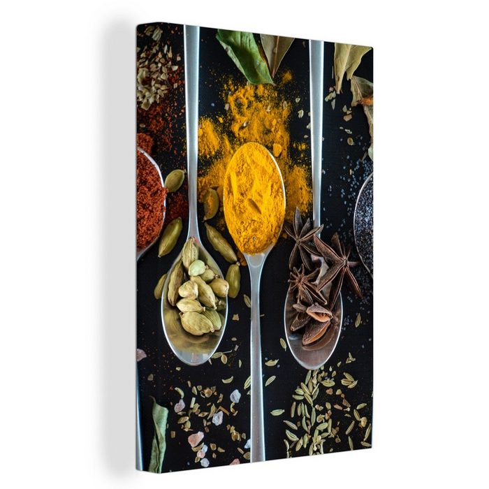 OneMillionCanvasses® Leinwandbild Löffel - Gewürze - Kräuter - Lebensmittel - Tisch (1 St) Bild auf Leinwand Wandbild Leinwandbilder Wanddekoration Kunstdruck