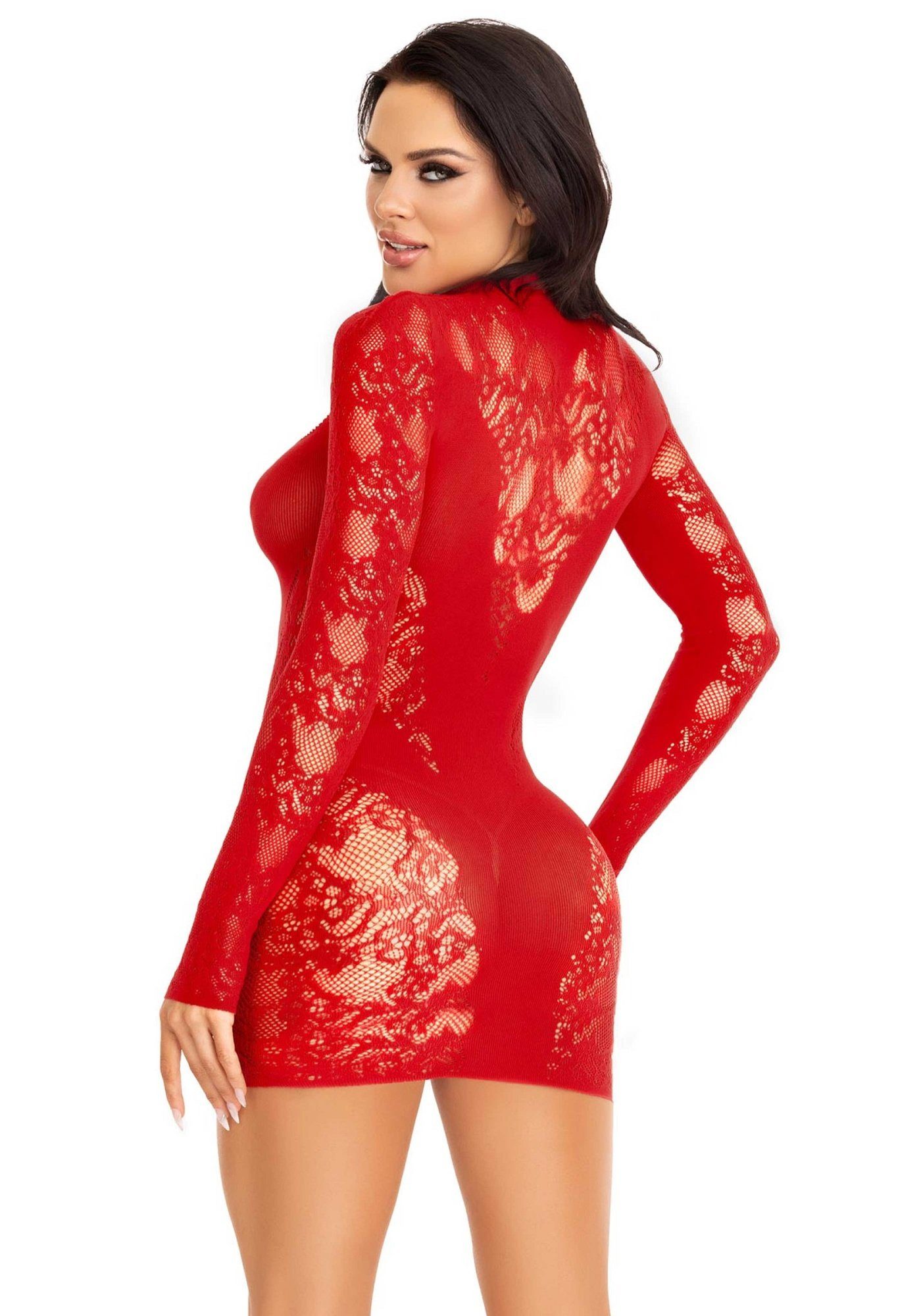 Leg Avenue Ärmeln rot langen mit Netz - u Mini-Kleid Minikleid Spitze