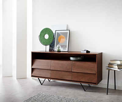 DELIFE Sideboard Eloi, Akazie Braun 145x40 cm 6 Schubladen V-Fuß Schwarz Kommode