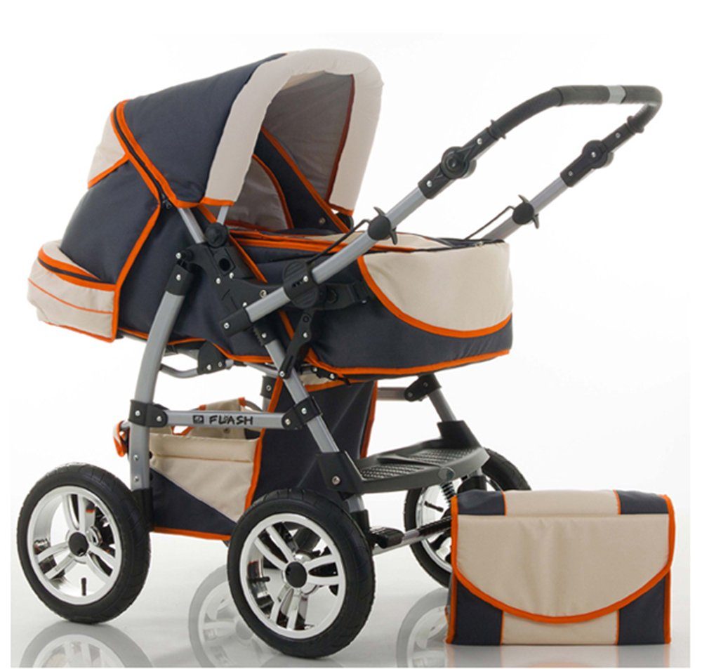 babies-on-wheels Kombi-Kinderwagen 2 in 1 Kinderwagen-Set Flash - 14 Teile - in 18 Farben Antharzit-Creme-Orange