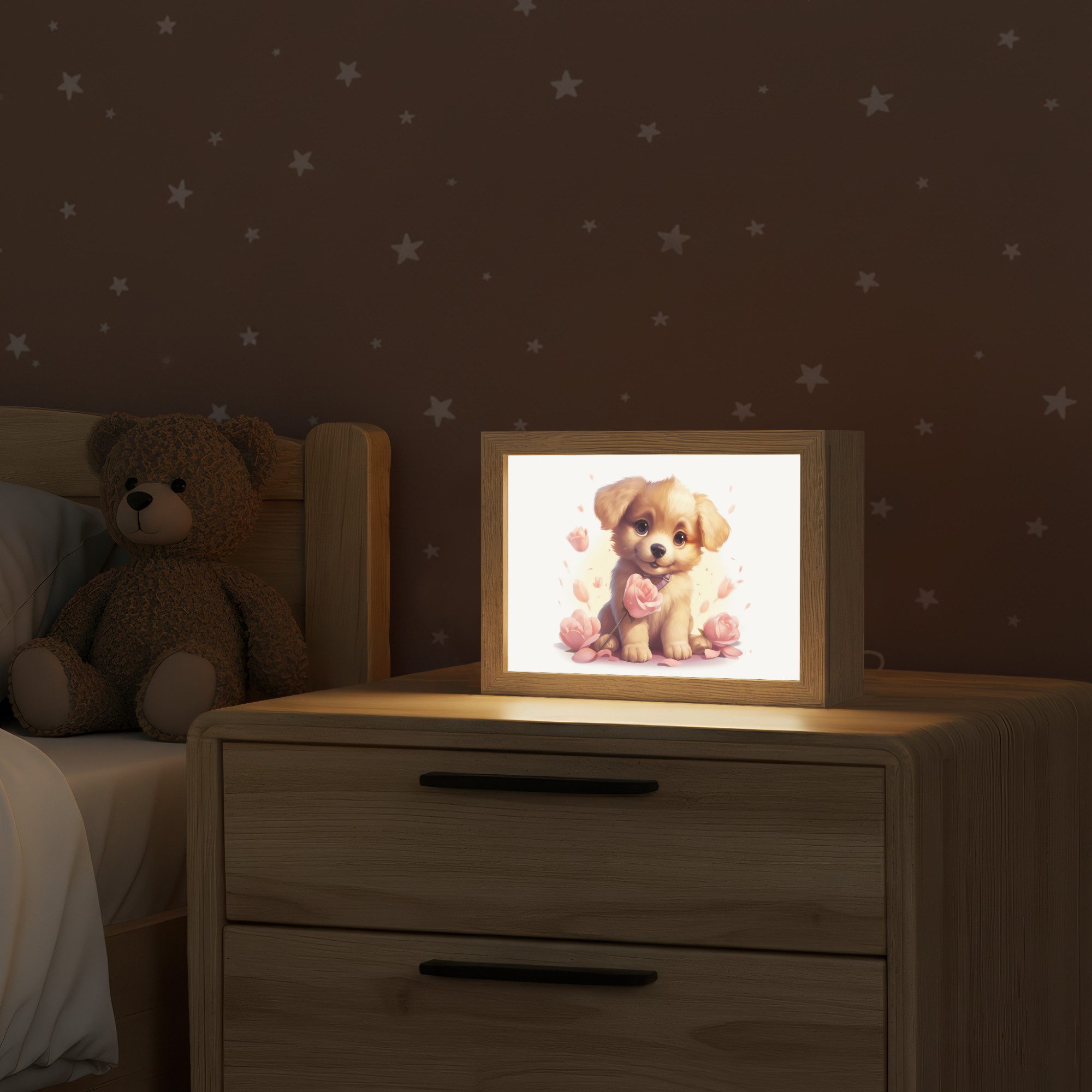OnlyWow Nachttischlampe Lightbox Hund - Blumen - Rosa - Mädchen - Kind, Dimmbar, Farbwechsel, LED, Warmweiß, Kaltweiß, Neutralweiß Einstellbar, Nachtlicht, Kinder- und Babyzimmer, Dimmbar, mit Kabel, Tischleuchte