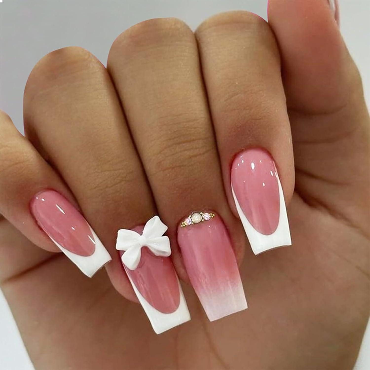 Kunstfingernägel 24 Stück French Tip Press On Nails Mittel Lang Mandelform Weiße