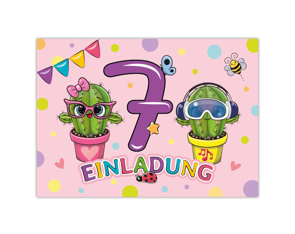 JUNAPACK Einladungskarten Kaktus Einladungen zum 7. Kindergeburtstag Blumen Karten Mädchen, Einladungskarten mit einem Kaktus Motiv für Kinder