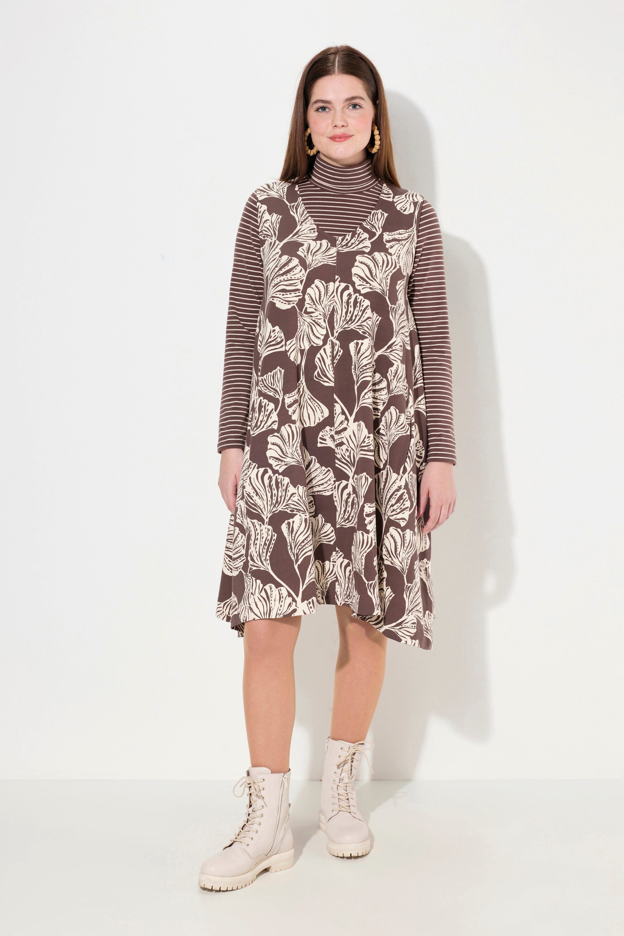 Ulla Popken Jerseykleid Sweatkleid Blätter V-Ausschnitt günstig online kaufen