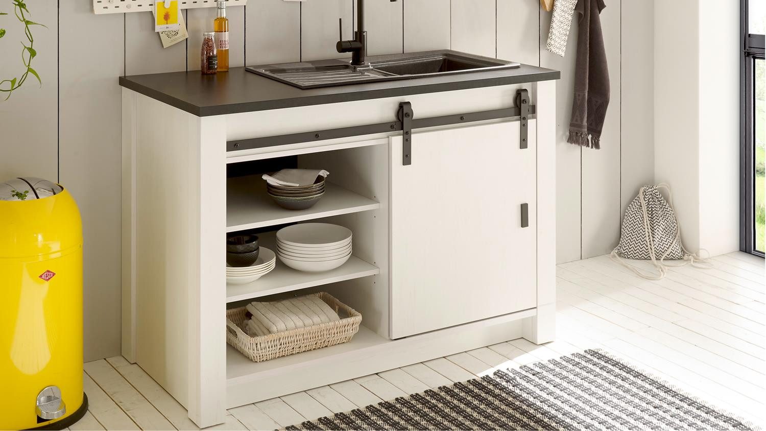 Möbel Akut Spülenschrank Spültisch Sherwood Küchenschrank Pinie weiß 1 Tür 133 cm