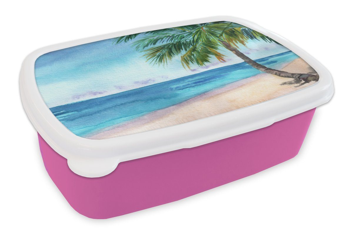 MuchoWow Lunchbox Strand - Palme - Meer, Kunststoff, (2-tlg), Brotbox für Erwachsene, Brotdose Kinder, Snackbox, Mädchen, Kunststoff rosa