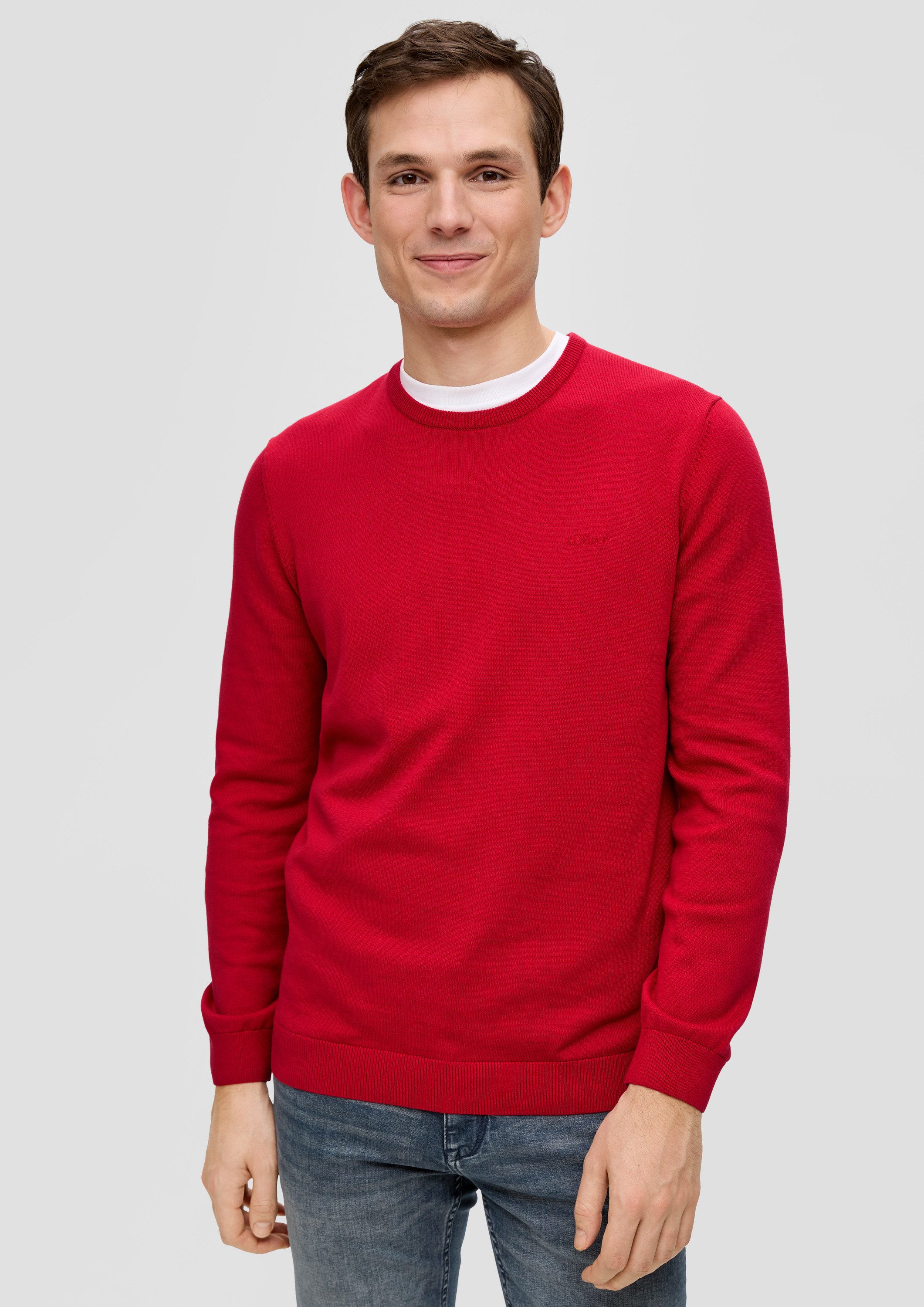 s.Oliver Longpullover Strickpullover Baumwollpullover mit Logo-Stickerei