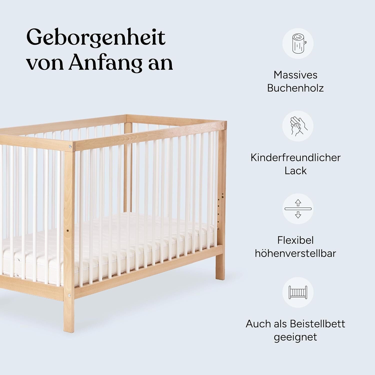 Ehrenkind Babybett PUR inkl. Matratze aus massivem Buchenholz, Gitterbett, Baby Bett, Babybett 60x120 cm