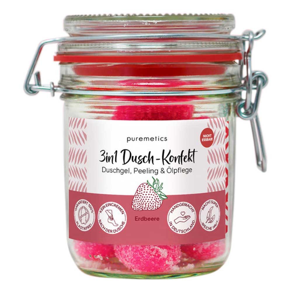 puremetics Körperpeeling 3in1 Dusch-Konfekt - Erdbeere 10 Stück im Dekoglas 200g