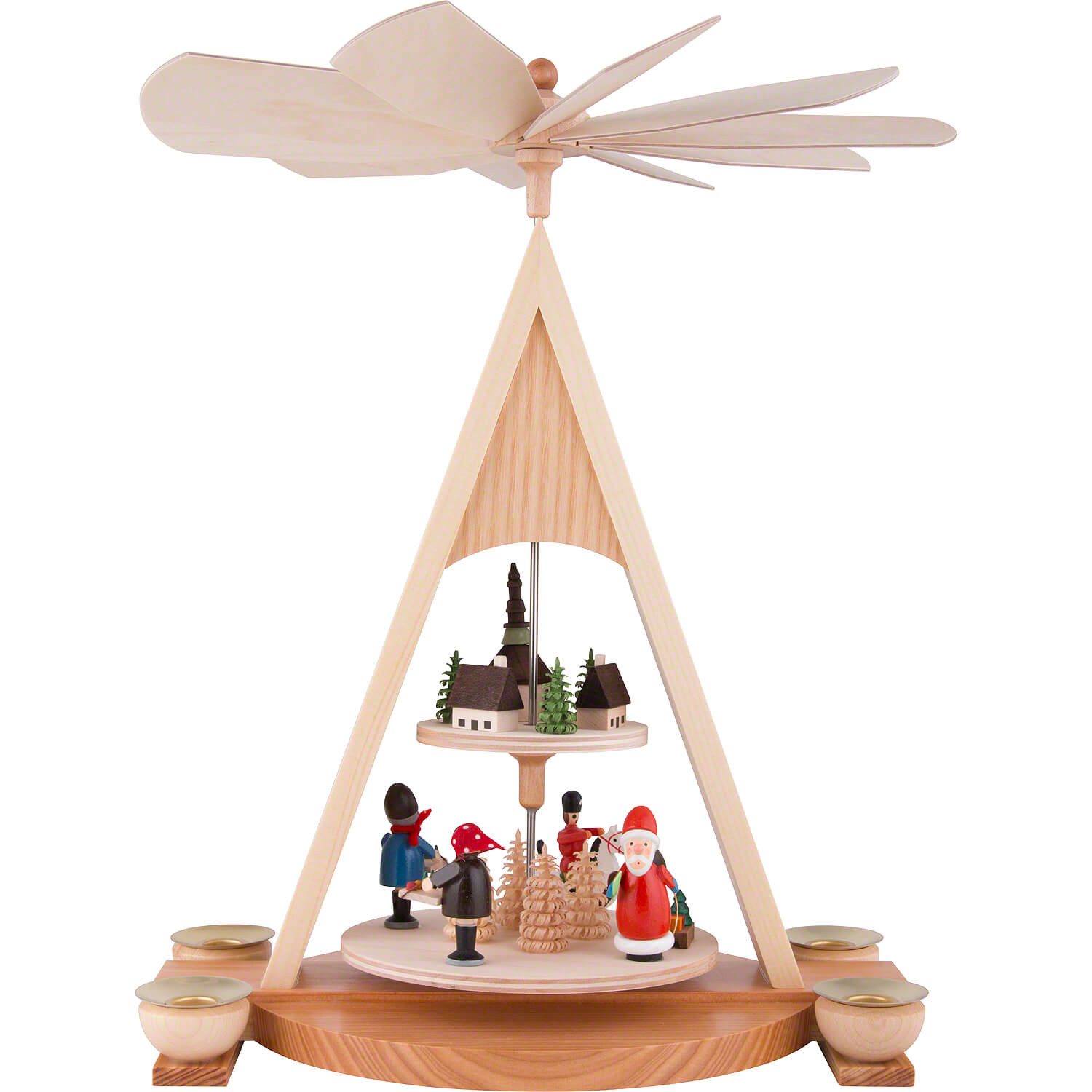 Volkskunst Neuber Weihnachtspyramide 2-stöckige Pyramide mit Weihnachtsmann und Seiffener Dorf bunt (35cm)