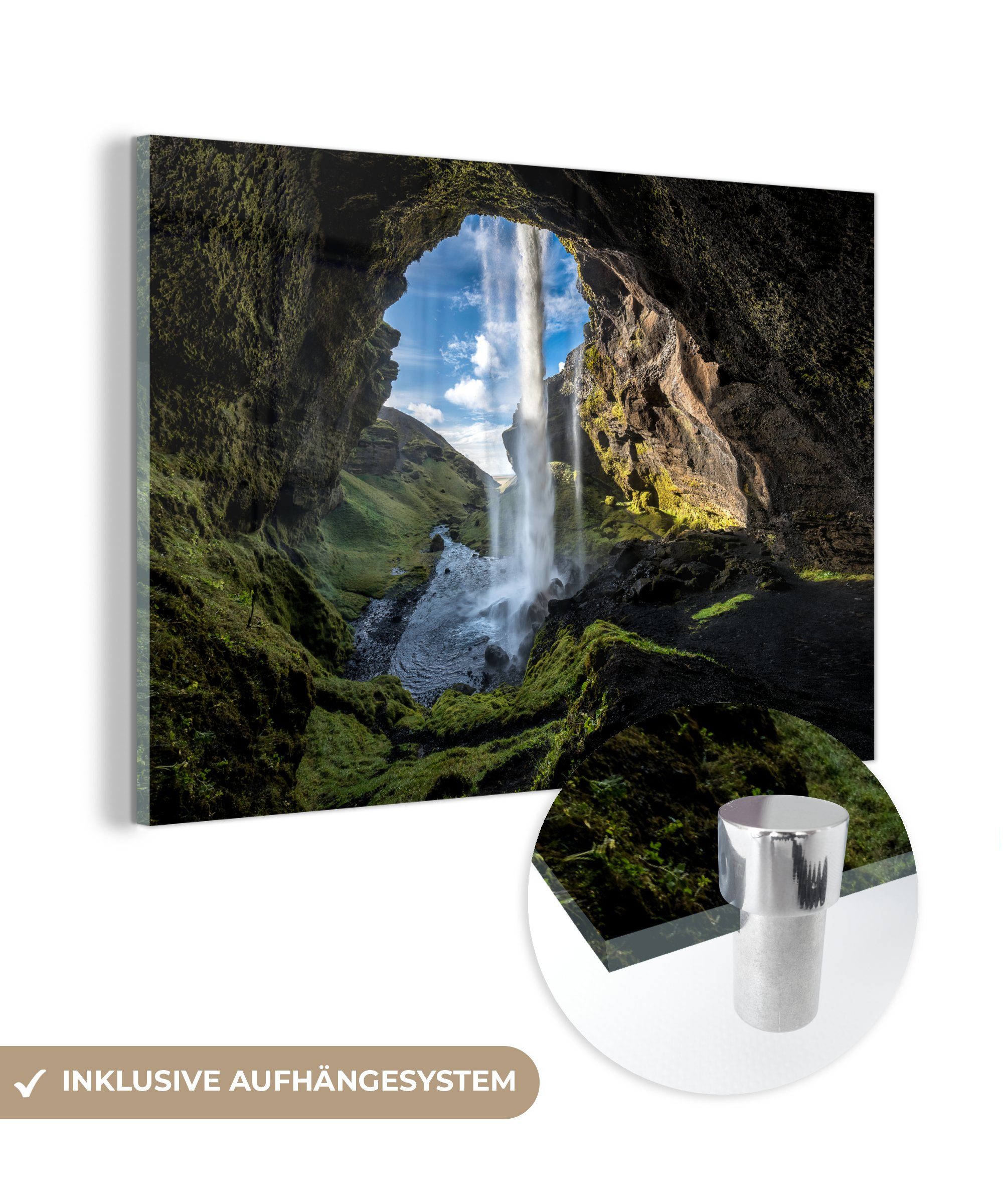 MuchoWow Acrylglasbild Wasserfall vor einer Höhle in Island, (1 St), Acrylglasbilder Wohnzimmer & Schlafzimmer