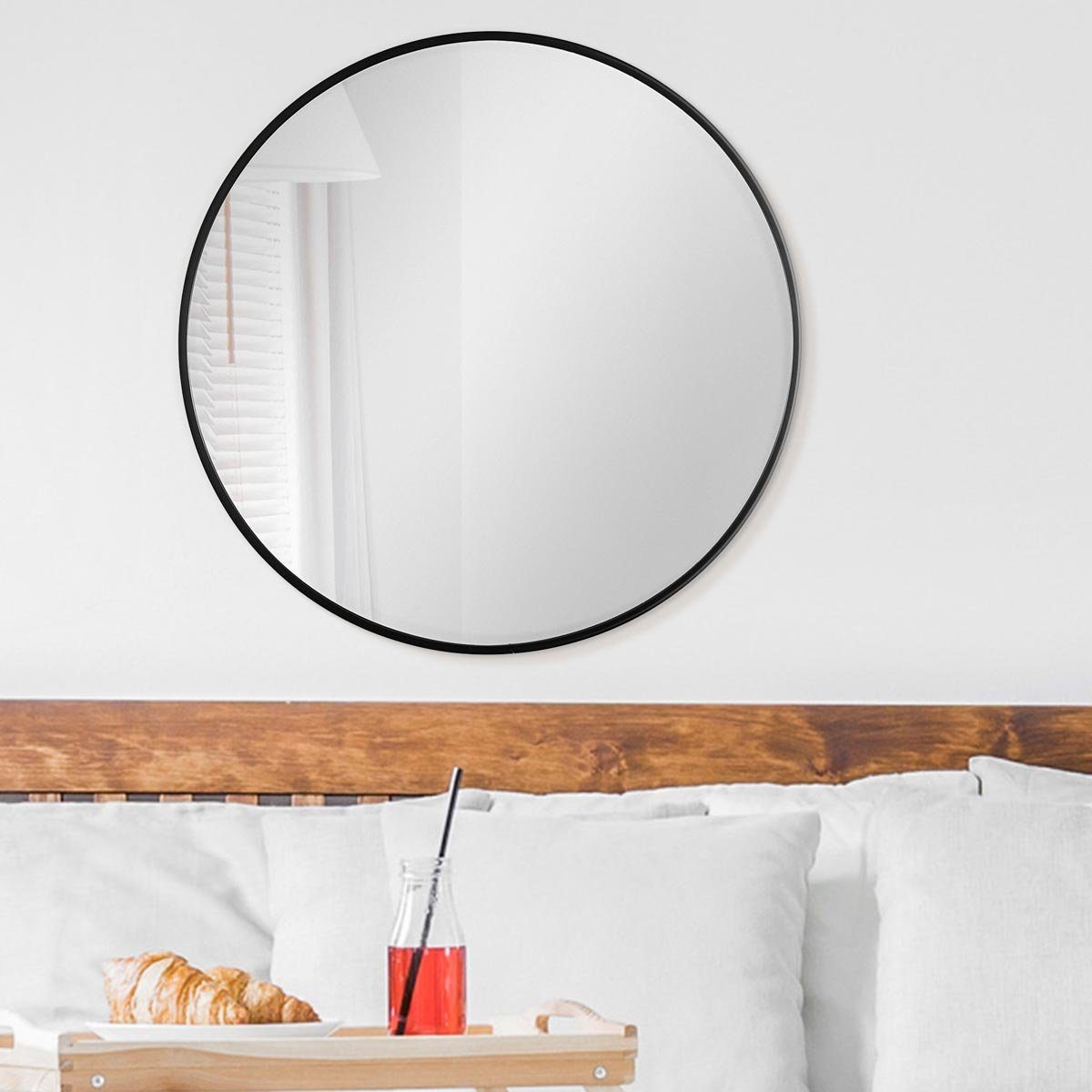 PHOTOLINI Spiegel eleganter Schwarz schmaler Rahmen Wandspiegel, rund mit Metallrahmen,