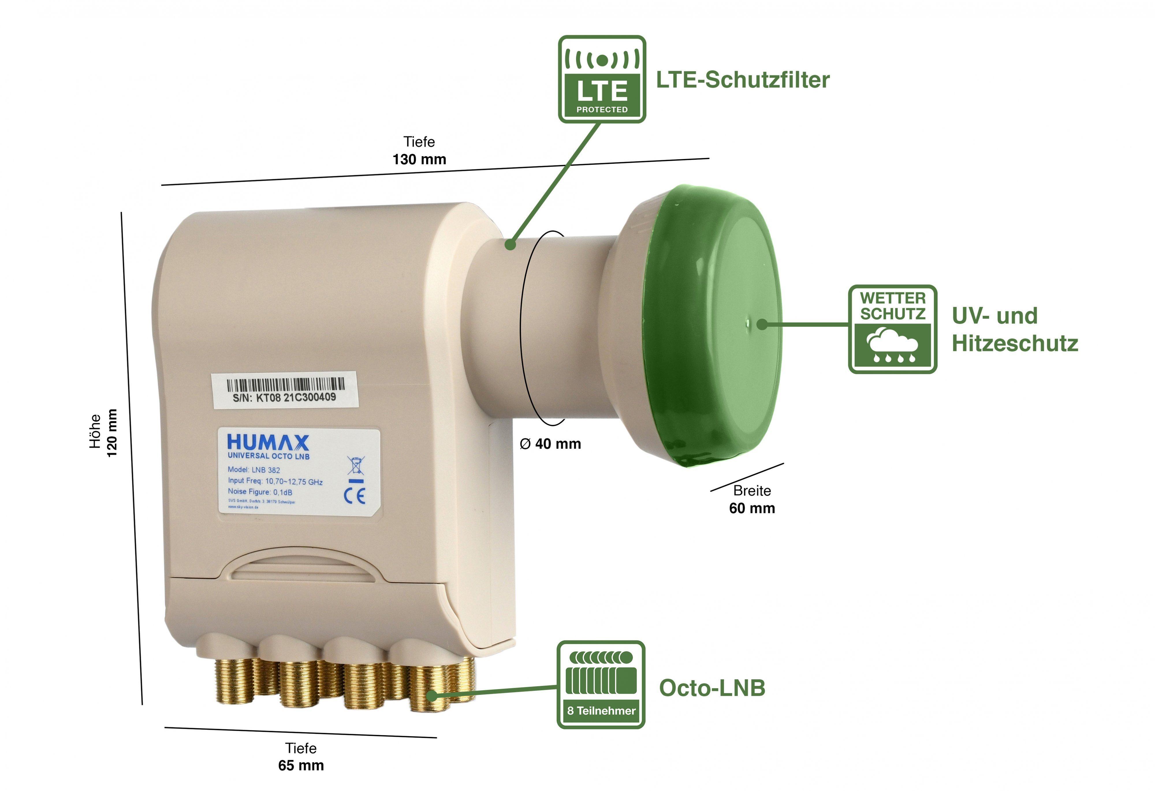 Filter) stromsparend Octo-LNB Umweltfreundliche Teilnehmer, Power Universal-Octo-LNB 382, LTE 8 Green Humax (für Verpackung,