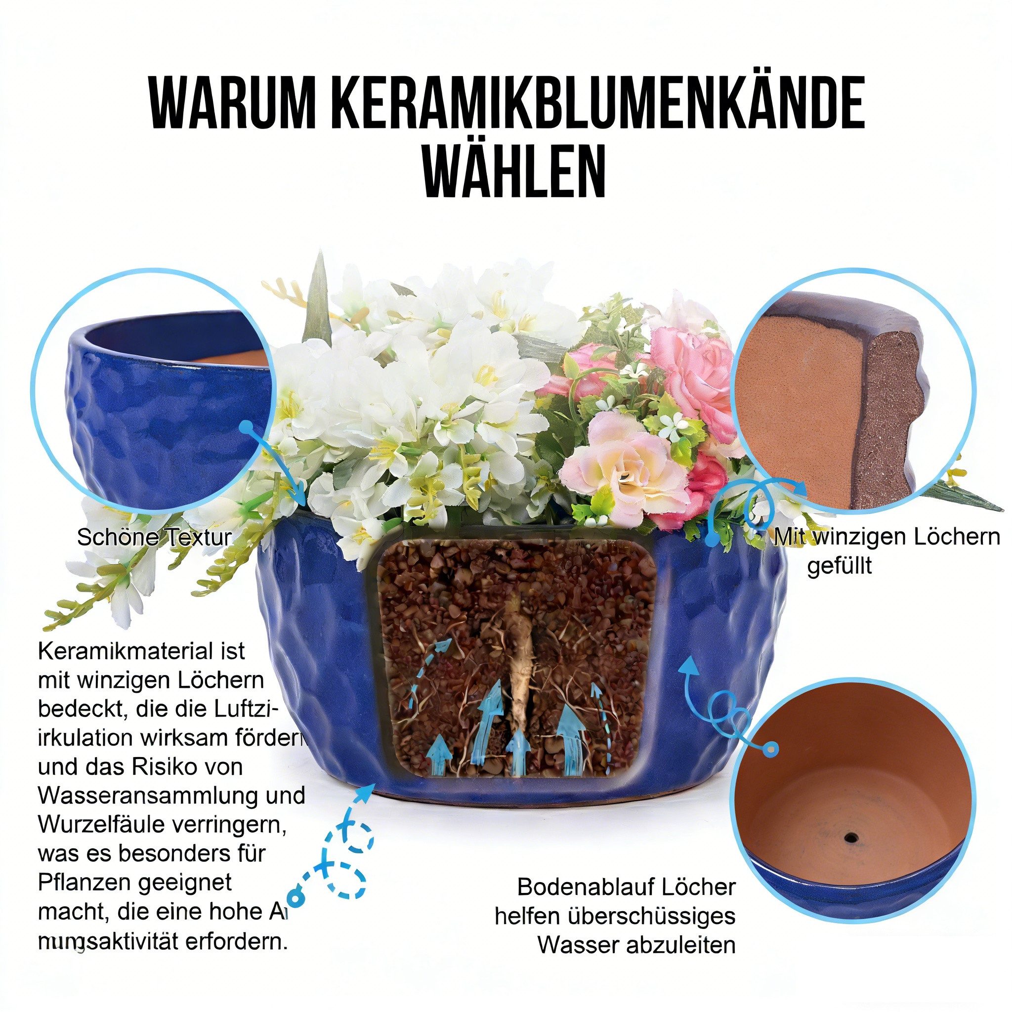 HAUSS SPOLE Blumentopf 3-tlg Pflanzkübel-Set mit kobaltblauem Hammermuster,Keramikpflanztopf (Moderner Pflanzbehälter Pflanzgefäß mit Keramikmaterial)