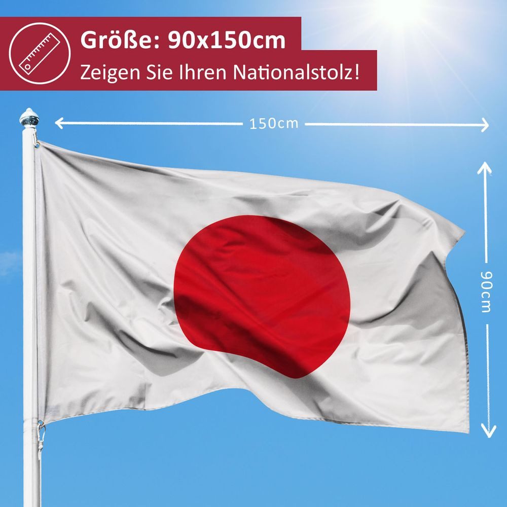 PHENO FLAGS Flagge Japan Flagge 90 x 150 cm Japanische Fahne (Hissflagge für Fahnenmast), Inkl. 2 Messing Ösen