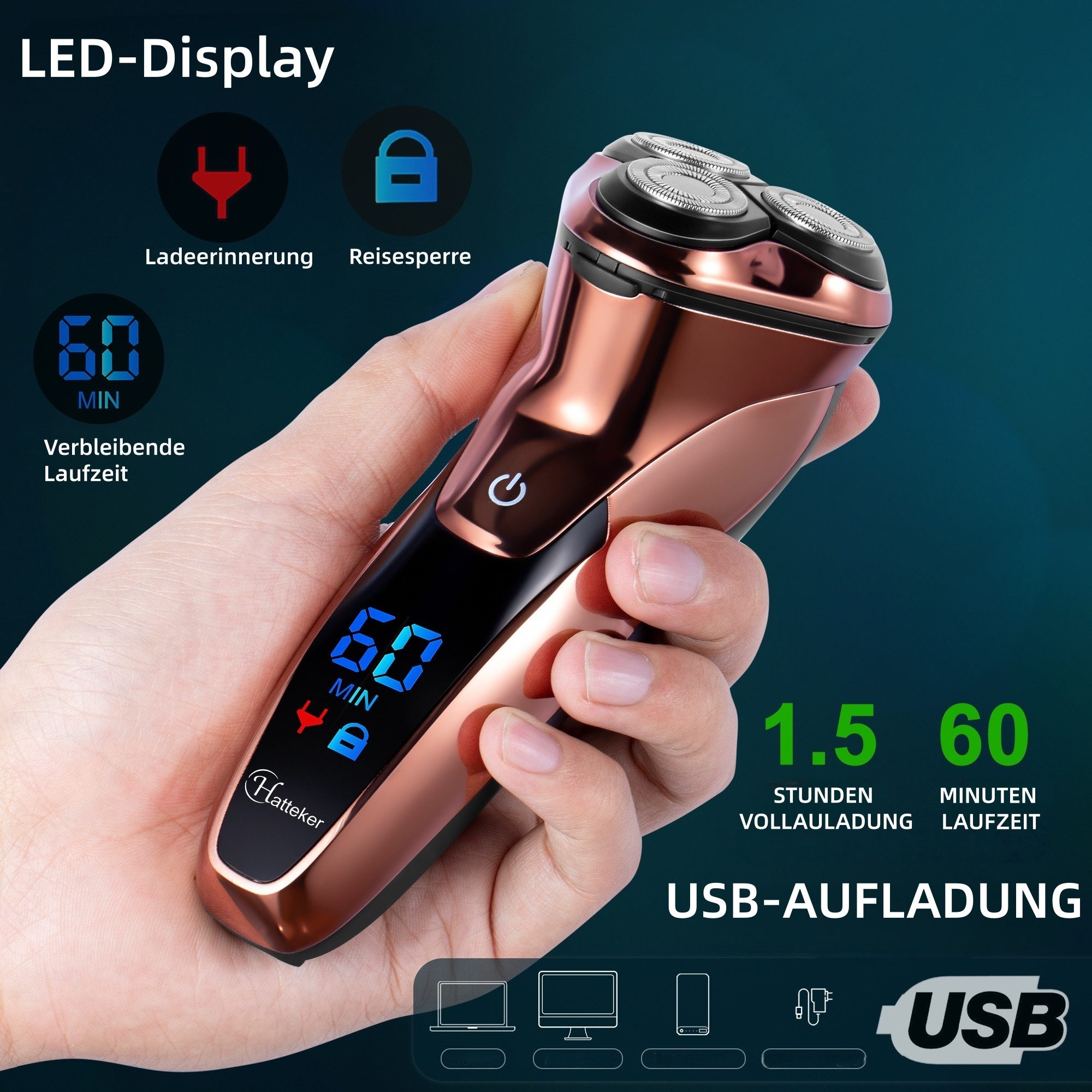 HATTEKER Elektrorasierer RSCX-7572, Aufsätze: 1, Langhaartrimmer, Bartschneider, Wet&Dry, LED-Display