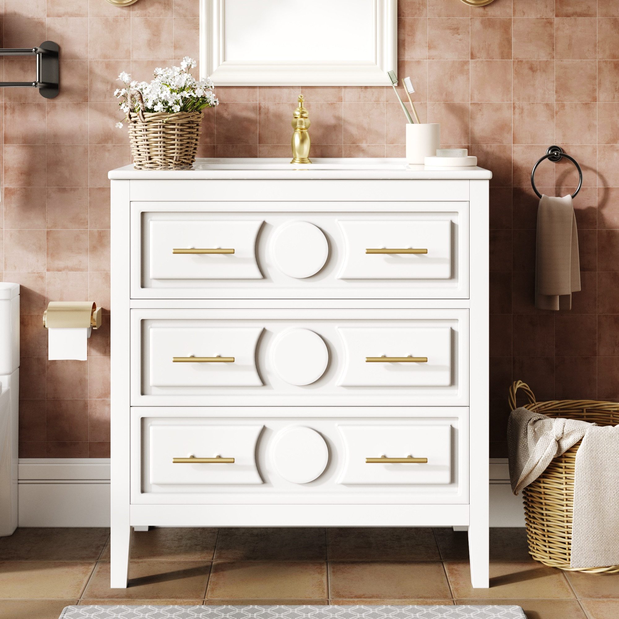 Flieks Waschtisch Badezimmerschrank mit 1 Klappen, 2 Schubladen und goldener Metallgriff (B81/T46,5/H86,5 cm, 1-St., bodenstehend Badschrank Waschplatz), Waschbeckenunterschrank mit Keramikwaschbecken Badmöbel-Set Weiß