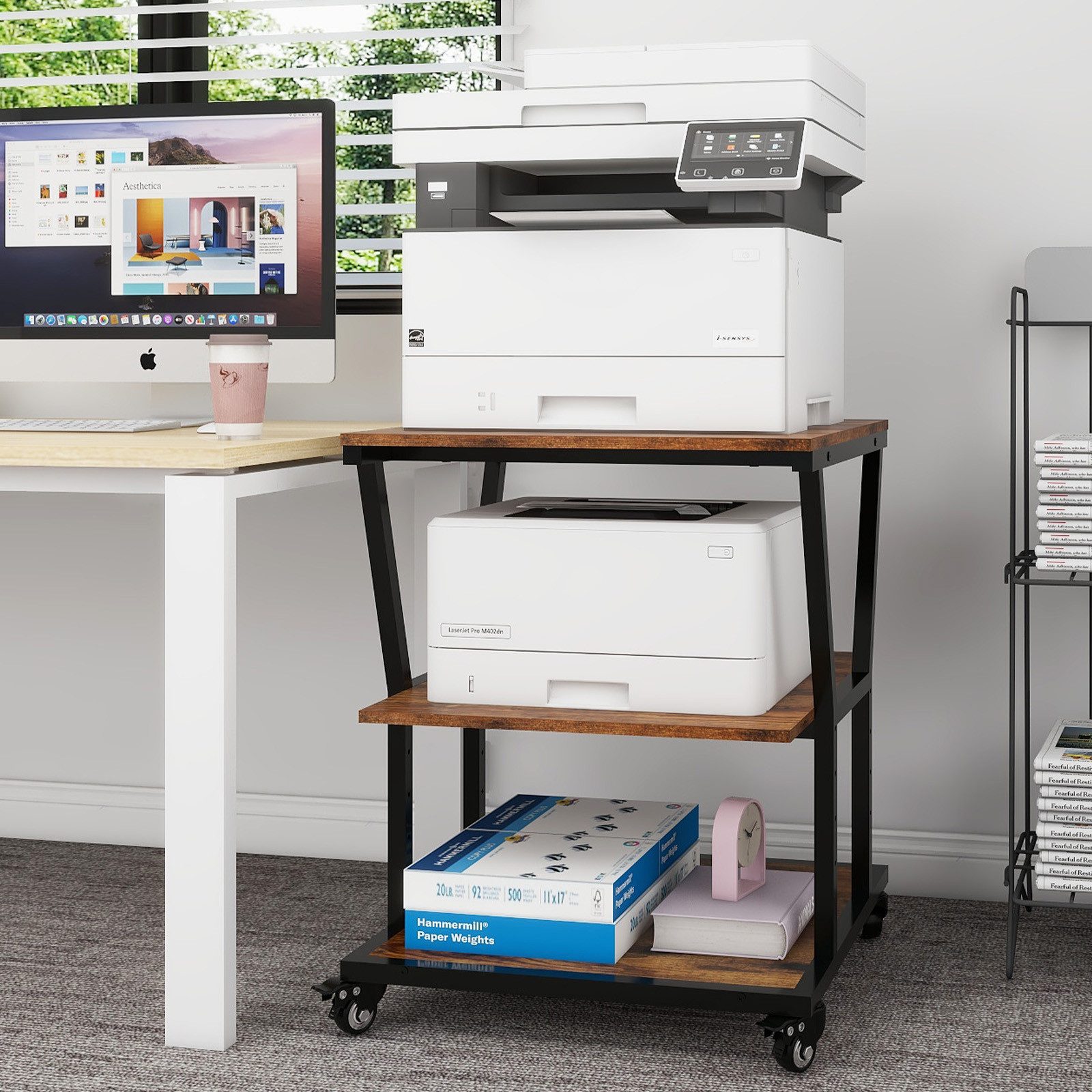 PUNCIA Druckertisch 3 Schichten 50x50cm Heim Büro mit Raddrucker Aufbewahrungshalter Tisch (1-St), 4-stufig höhenverstellbare Mittelebene, 140 kg Tragkraft – Bild 3 von 5