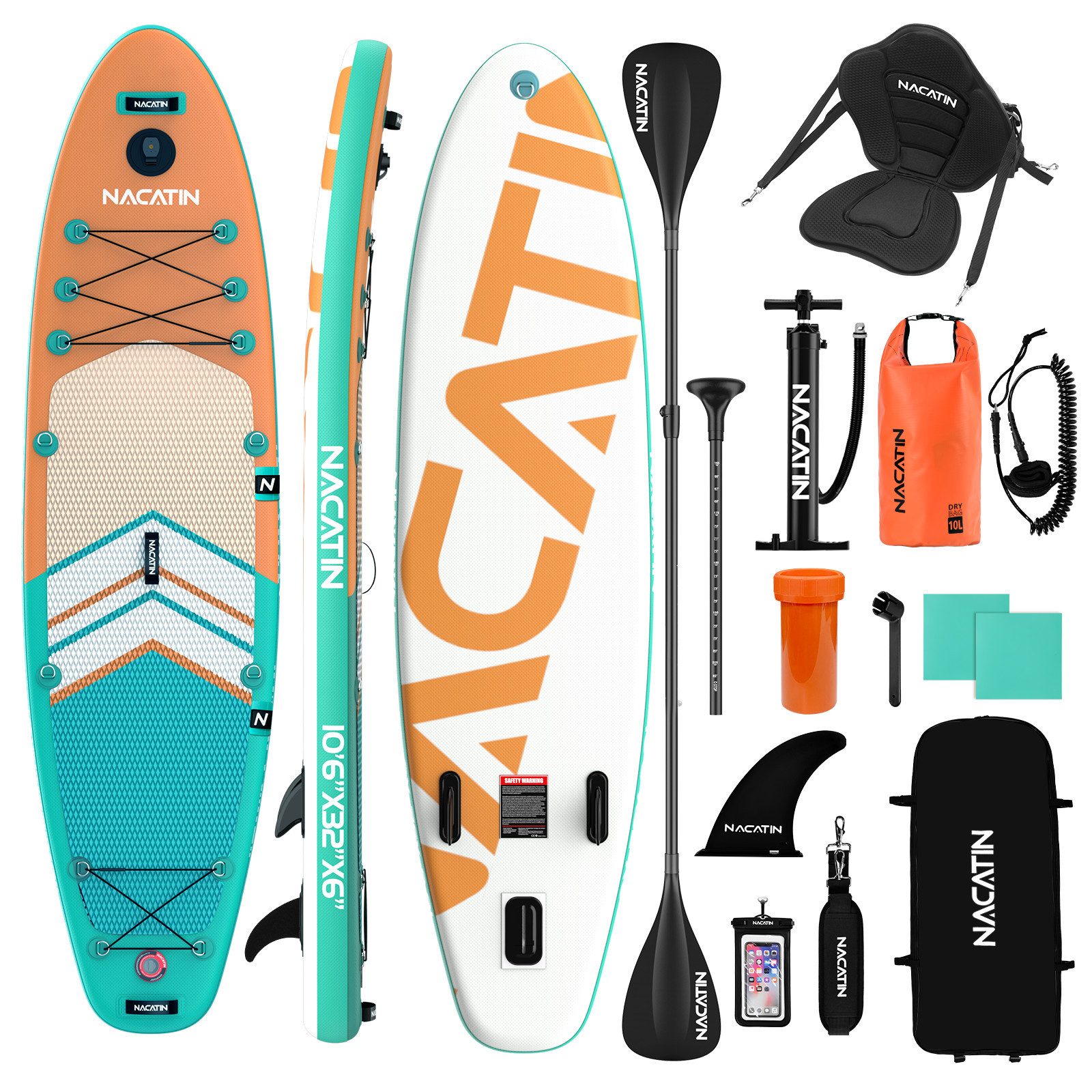 NACATIN Inflatable SUP-Board mit Kajaksitz, Paddel, Pumpe, Rucksack & Tasche, Inflatable SUP Board, Aufblasbares SUP Board 10'6" für Erwachsene
