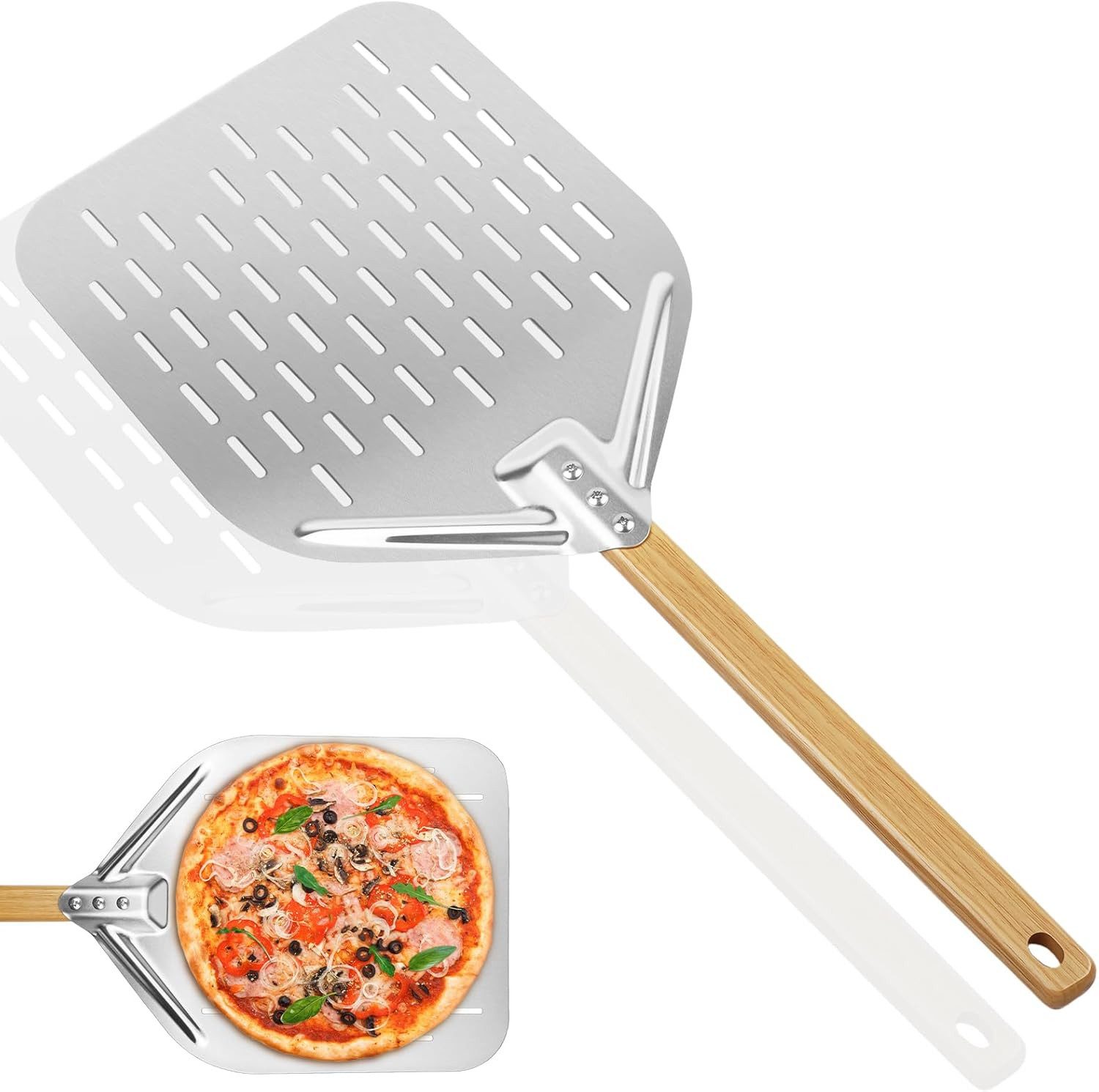 AIMAX Pizzaschieber Pizzaschaufel Edelstahl mit Holzgriff, perforiert, Für Pizzaofen, Backofen und Pizzastein, 39,5 x 30 cm