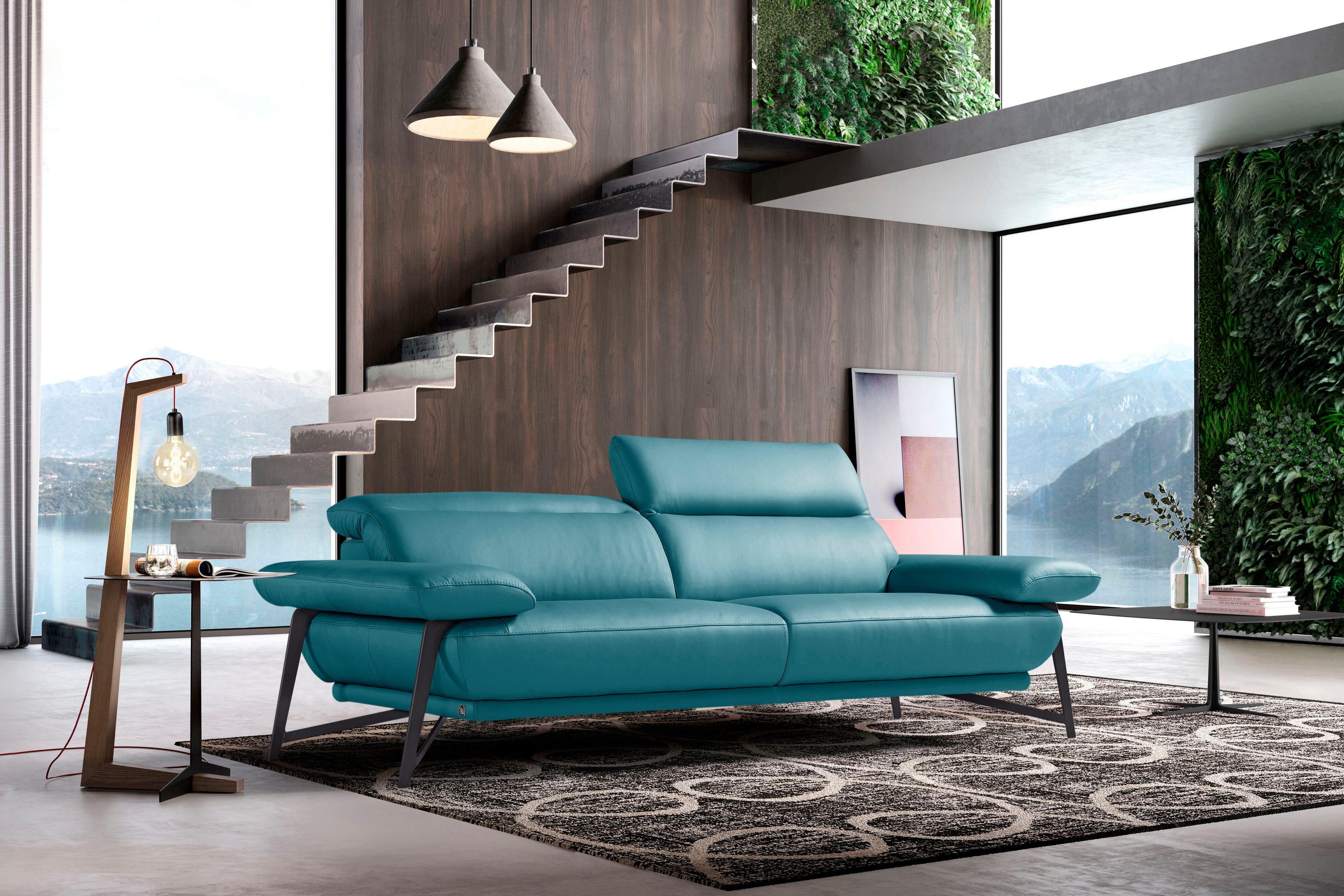 Egoitaliano 2,5-Sitzer Anais, Designsofa mit erstklassigem Sitzkomfort, Fußfarbe schattengrau, Kopfteil verstellbar, 232 cm, Leder CAREZZA, türkis