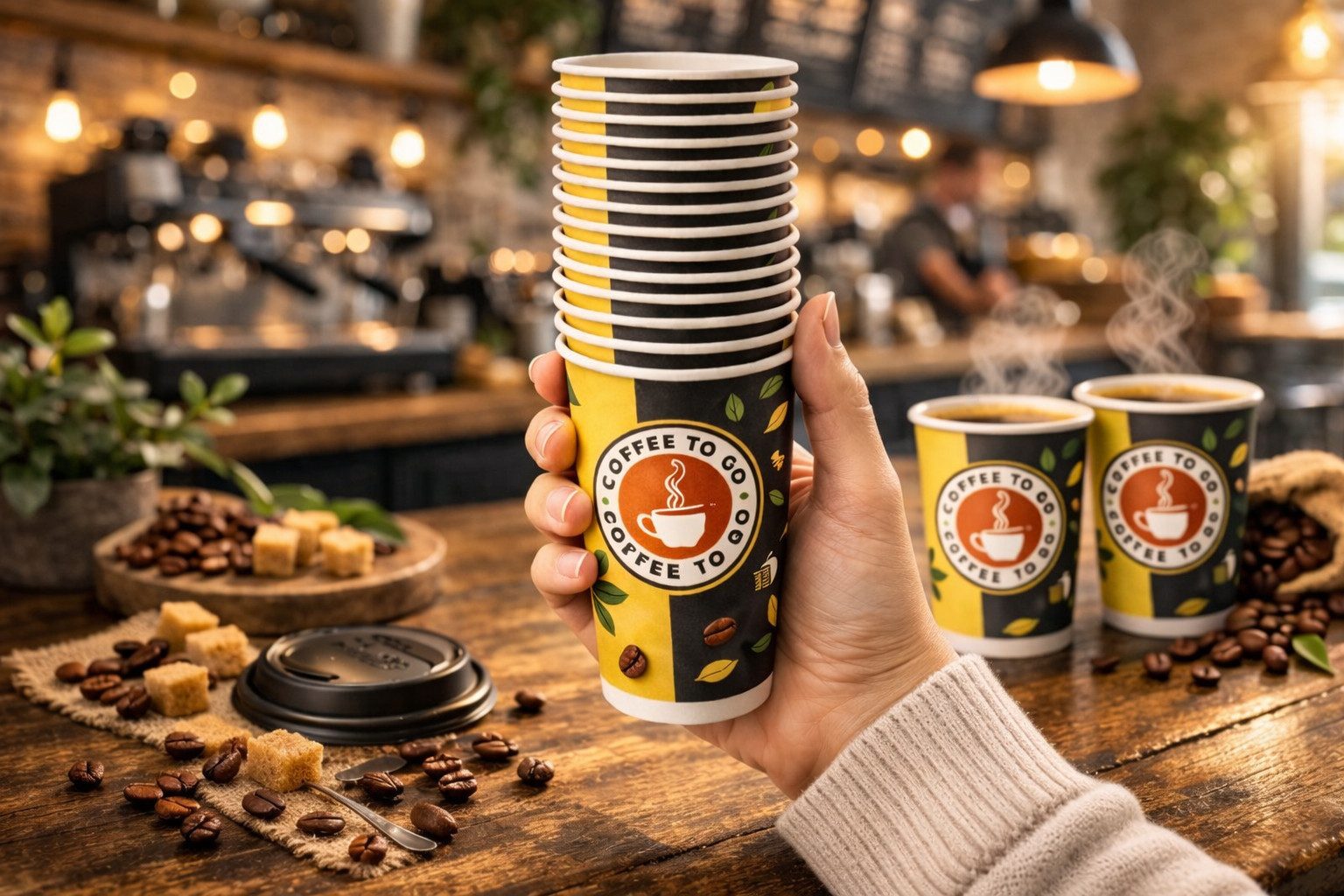 PACKEO Coffee-to-go-Becher Kaffeebecher To Go 200 ml (8 oz), Pappbecher für Heißgetränke, 200-tlg., Gelb/Schwarz