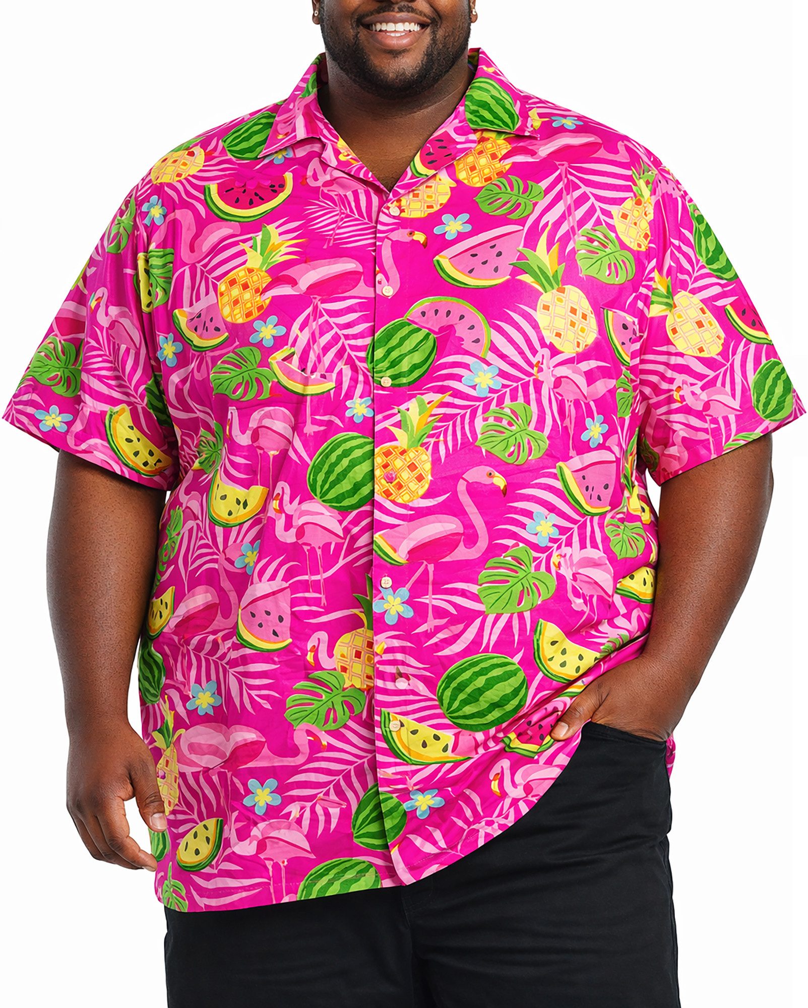 King Kameha Hawaiihemd Flamingo Melone Übergrößen 7XL-12XL Sommerhemd Kurzarm Front-Tasche