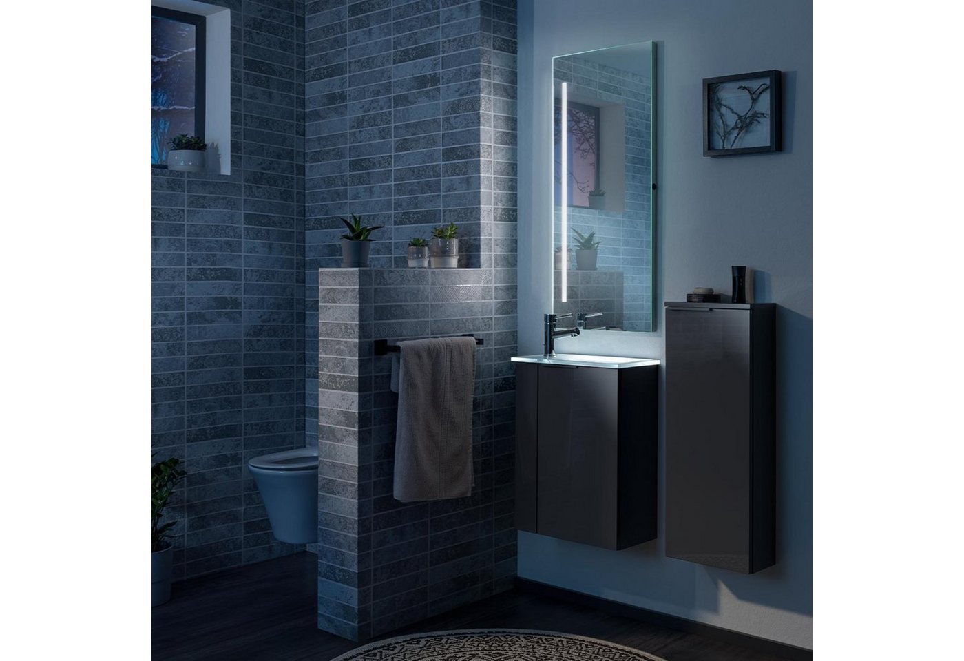 Thumbnail - FACKELMANN Waschbecken SBC LUNA Gäste WC Set 2-teilig 45 cm, Anthrazit, rechts, Glas Weiß