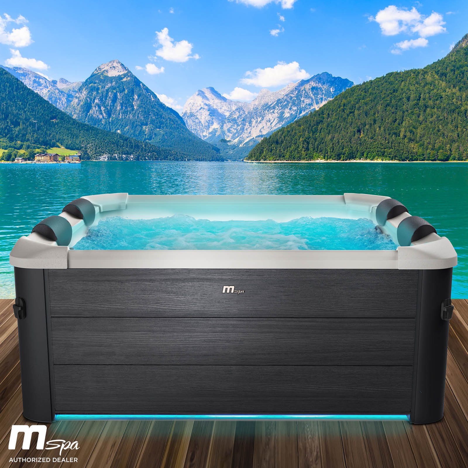 BRAST Whirlpool MSpa Oslo & Amber Aero Plus mit Fester Außenwand inkl. LED-Beleuchtung, Aufstellbecken, (für 6 Personen, 180x180x65cm, 140 Massagedüsen), Ganzjähriger Einsatz Winterfest, In & Outdoor Pool