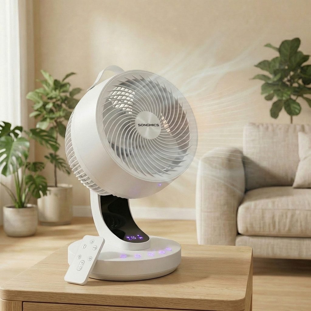 SONGMICS Tischturmventilator Ventilator leise 20 dB, Luftzirkulator LED-Display, 25 x 26 x 38,4 cm, 70° Oszillation, 8 Geschwindigkeiten, 12 Std. Timer, wolkenweiß