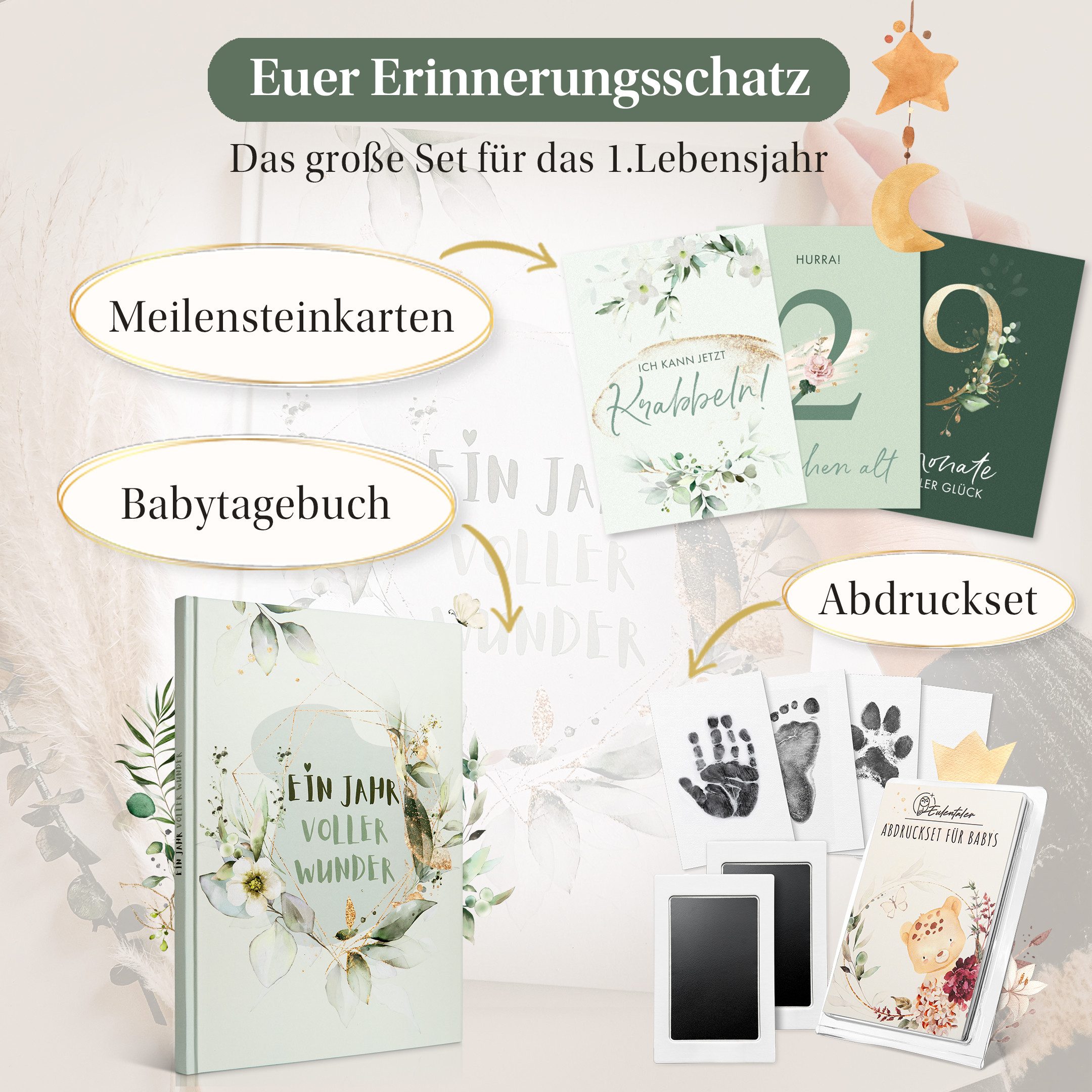 Eulentaler Tagebuch I Babyalbum Sparset I Mein erstes Jahr I Die Geschenkidee I, Erinnerungsbuch, Meilensteinkarten & Baby Abdruckset