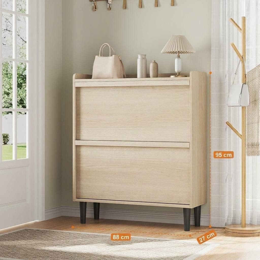 GarveeMore Schuhschrank aus Holz mit 2 Klappschubladen und verstellbarem Regal Schuhregal,Schuhkipper für Flur,Wohnzimmer,88x27x95.5cm – Bild 2 von 5