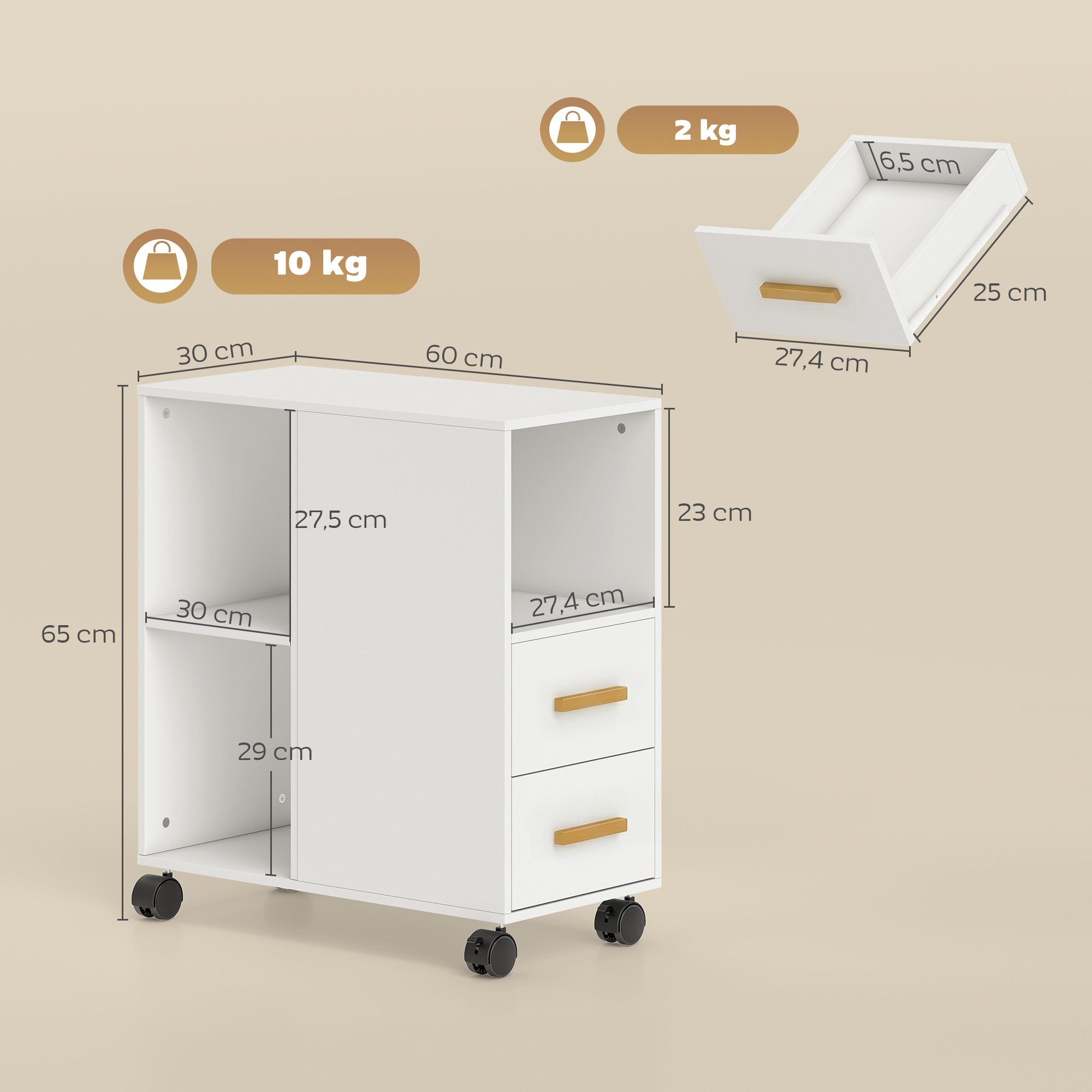 HOMCOM Aktenschrank Druckerständer Druckertisch Schreibtisch Organizer für Drucker (Set, 1-St., Druckerwagen) Mit Rollen und verstellbarem Regalboden