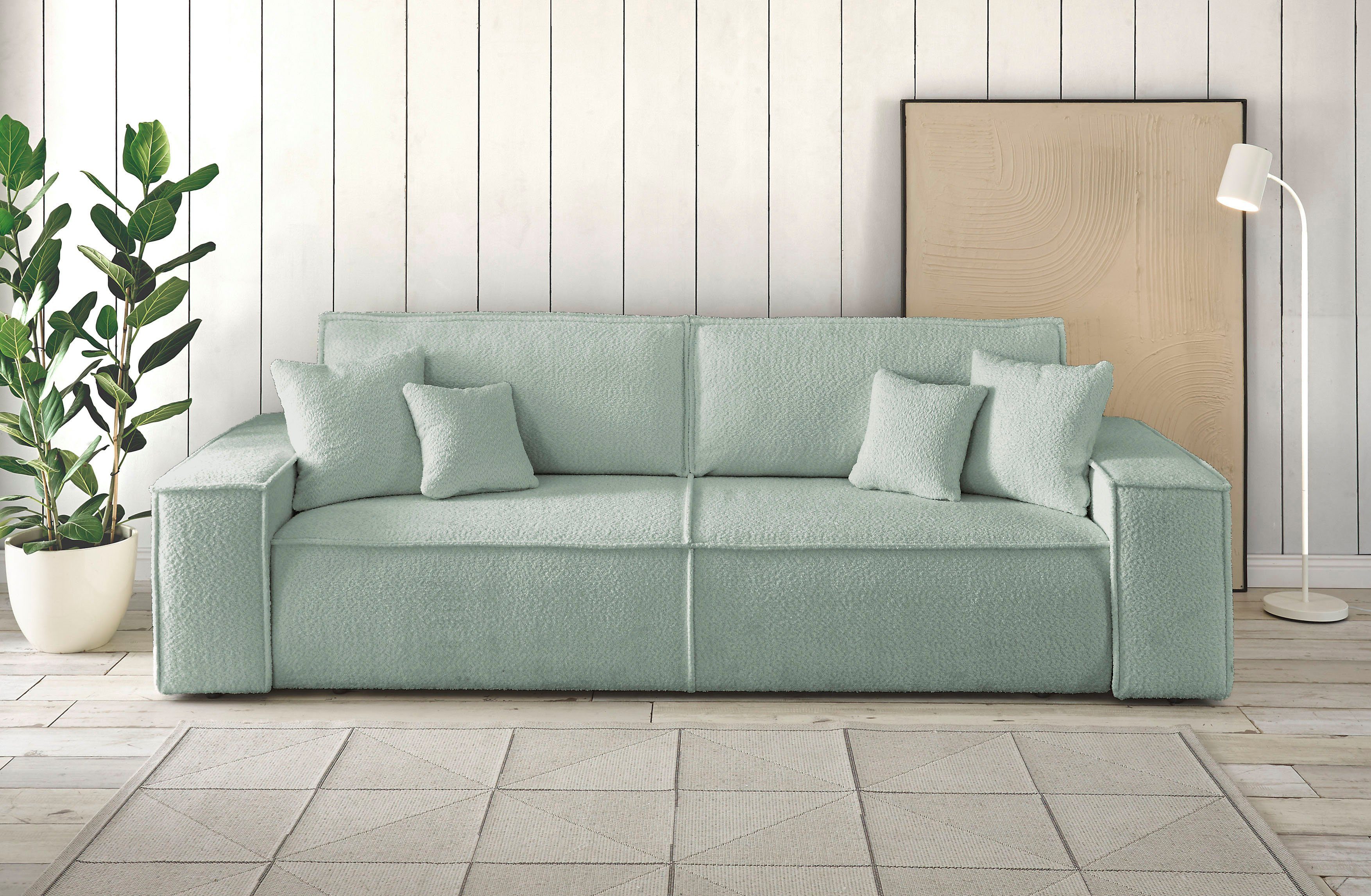 andas 3-Sitzer FINNLEY Schlafsofa 257 cm, Schlaffunktion mit Bettkasten (200/136cm), in Aqua Clean-Bouclé u. Struktur fein